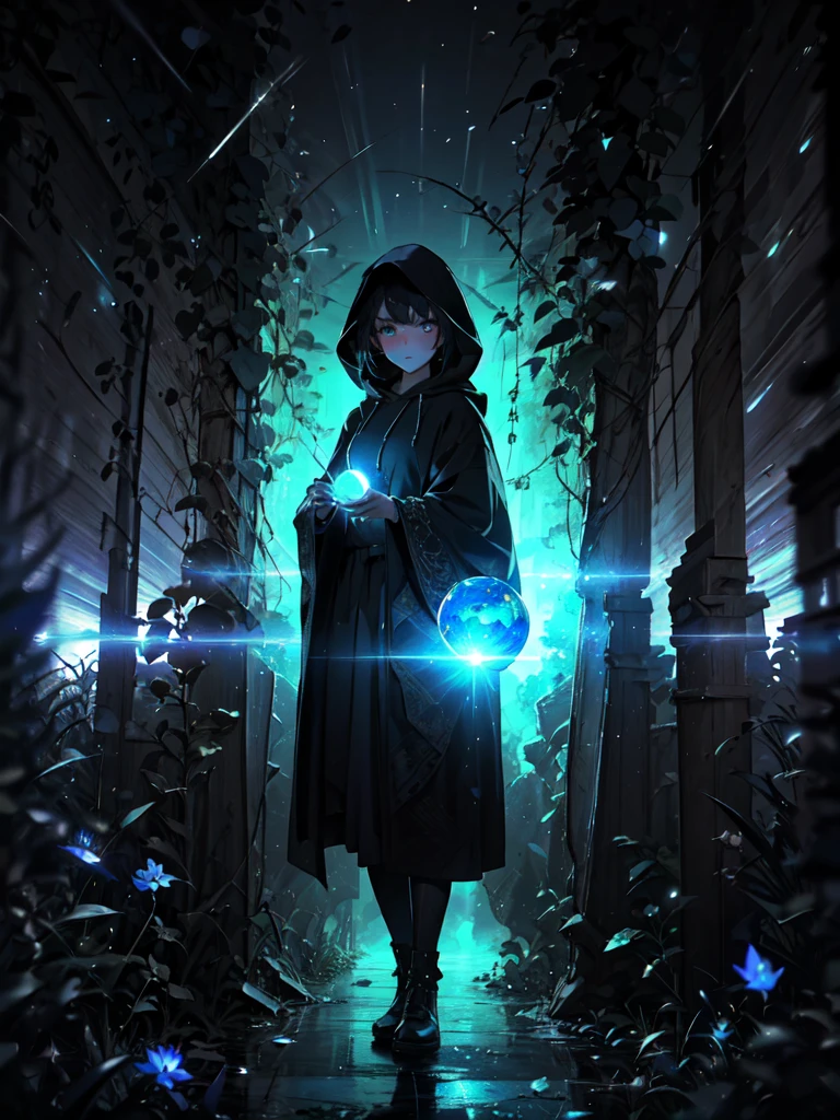 (((masterpiece)))((intricate detail))((8k UHD resolution))((full body shot)) of a girl in a dark hooded cloak, standing in a dim, shadowy environment, holding a glowing orb of energy in her hands which emits a soft, ethereal light. Surrounding her are numerous small lights in shades of {blue|purple}, casting a faint glow similar to candlelight. The atmosphere is {mysterious|otherworldly}, with a misty haze drifting around her feet. The ground beneath her is reflective, creating a mirrored effect that adds to the surreal ambiance. Subtle textures of ancient, worn stones and creeping vines can be seen in the background, hinting at a hidden, mystical place. The scene is quiet and enigmatic, with the girl's face partially obscured by the hood, her eyes focused intently on the luminous orb. [Best quality], [Masterpiece], [Ultra-detailed], [4k], {serene|intense} atmosphere, {mystical forest|ancient ruins}, {dynamic pose|relaxed pose}, low light, {soft shadows|dramatic lighting}, {reflected light on the ground:0.7}, {misty haze:0.6}, {glowing plants:0.5}, {creeping vines:0.4}, {ancient stones:0.3}.