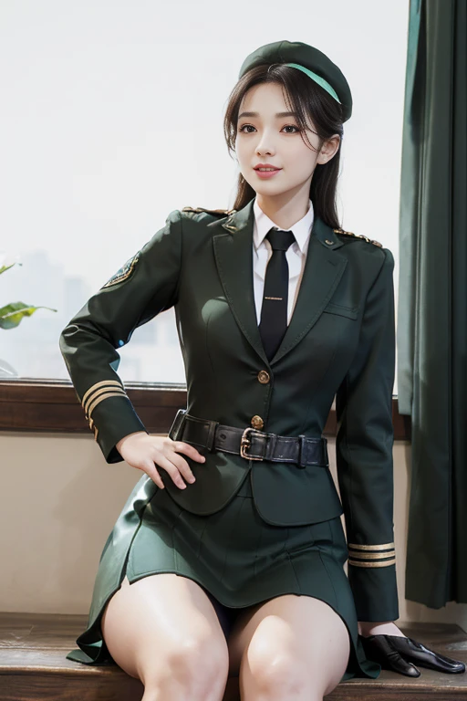 (wallpaper),32K,((Extremely exquisite and beautiful)),(((masterpiece))),(((Best quality))),(((超high resolution))),Realistic shadows,(high resolution),(Smooth and flawless fair skin:1.5),(Pale skin:1.3),Extremely delicate facial details,beautiful eyes,(Perfect body:1.1),Nikon D750 Camera / 1.4 55 mm，profesional light， Physically based rendering, 1 Girl, Female Soldierilitary uniform，Green military uniform，Fabric texture military uniform，dark green tie，Army green skirt，White pantyhose，Military cap，Black Hair， full-body shot，bent-over,Golden Ratio,[:(A detailed face:1.2):0.2]，Pure face_V1, Broad shoulders,(Maximum chest:1.5),plump legs，Skirts cover the bottom of the skirt，Black leather shoes，red flag，Dazzling sun， A big smile，White Teeth，light，Backlight，
