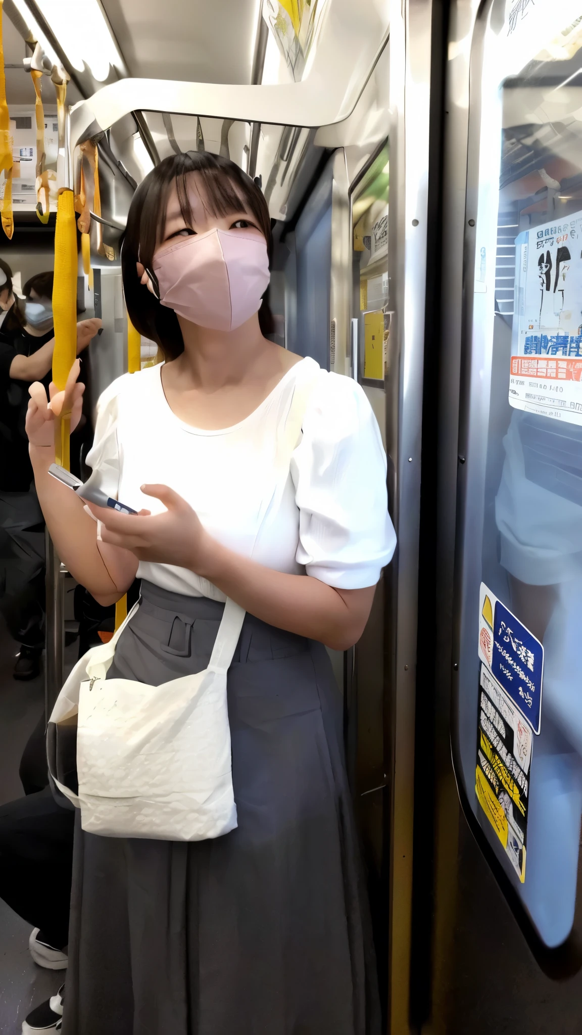 A woman in her fifties wearing a white shirt and grey skirt blowing bubbles on the subway, Wearing a mask, Wear a mask, Robot wearing a human mask, Wear a maskする, Surgical mask to cover mouth, In such a way, 透明なガラスのWear a mask, No mask, Beasts, 木製のWear a mask, 黒いメンポWear a mask, Chiho