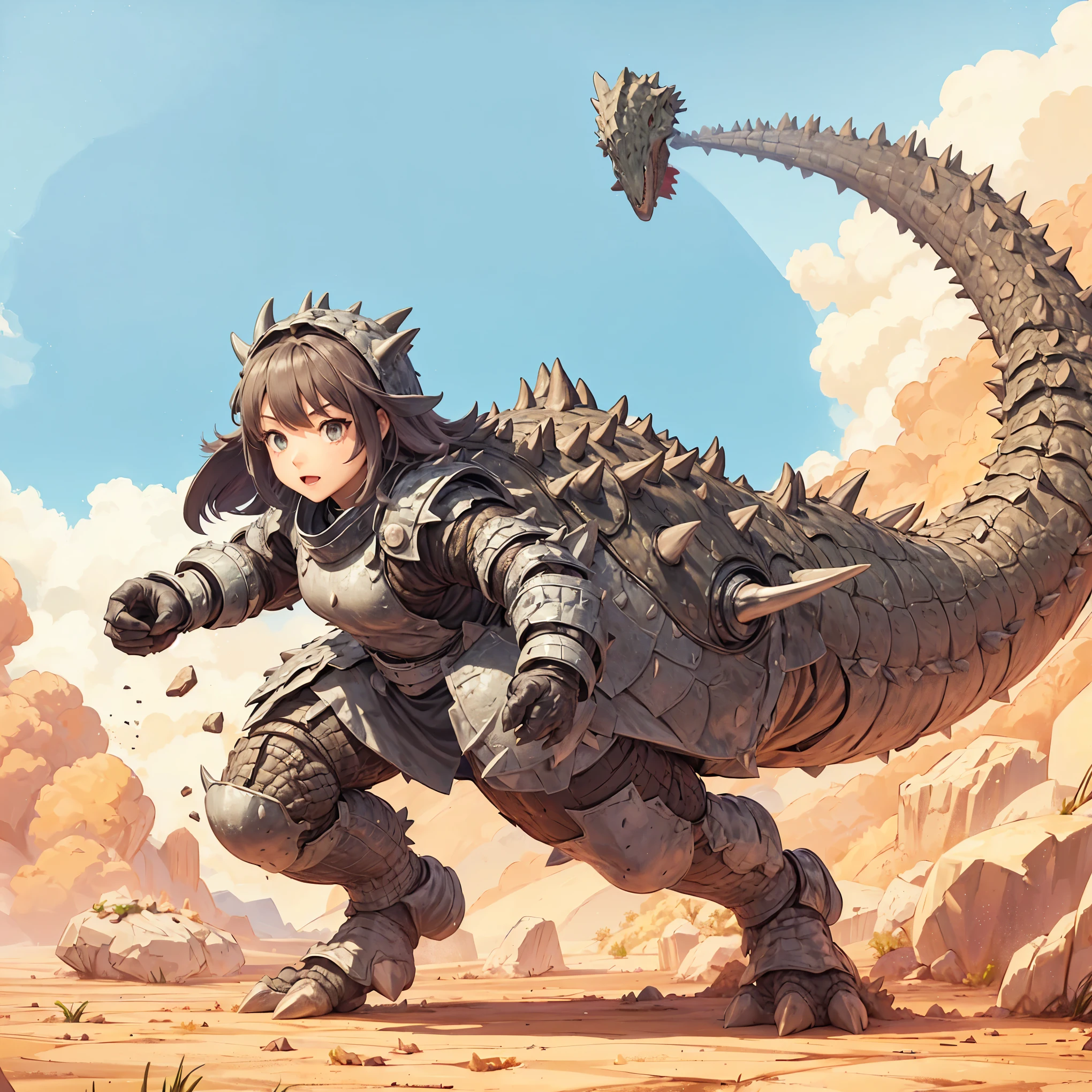 Dinosaur girl. Ankylosaurus element. Knight-like style. scale armor. Tail. Active. Dry soil underfoot. Dust cloud.