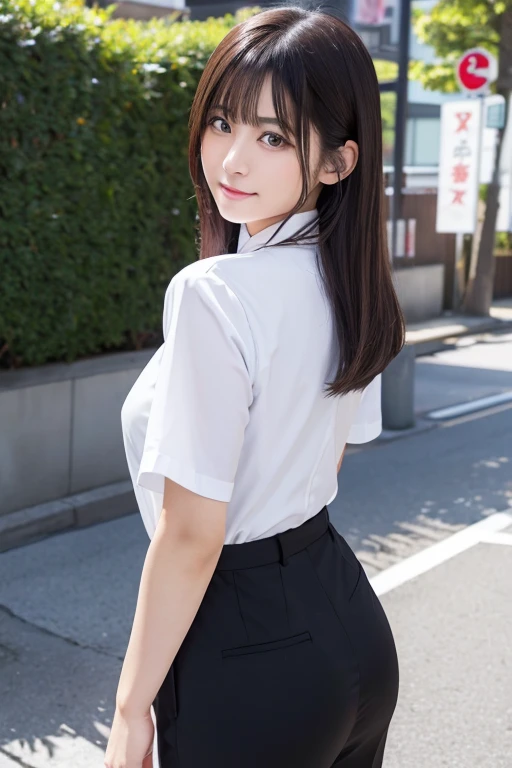 8K、Detailed Description、Very high definition、Realistic、reality的、Real、live-action、reality、High resolution、Nogizaka46、japanese idol,beautiful girl、21 years old、Dark brown eyes、Japan、office Street、sunny、full body,smile, closed mouth,Long Hair、Knee-up-top angle of view、Back view、look back、White pants style、White short-sleeved shirt、ビジネスsuit、suit、business suit、Very black hair、pretty girl、Beauty、Glowing Skin、Glowing Skin、Shiny Hair、Very white skin、Heavy makeup、Large Breasts、Big ass、Slit eyes、Big Eyes、Double eyelids、Don&#39;t show your teeth、