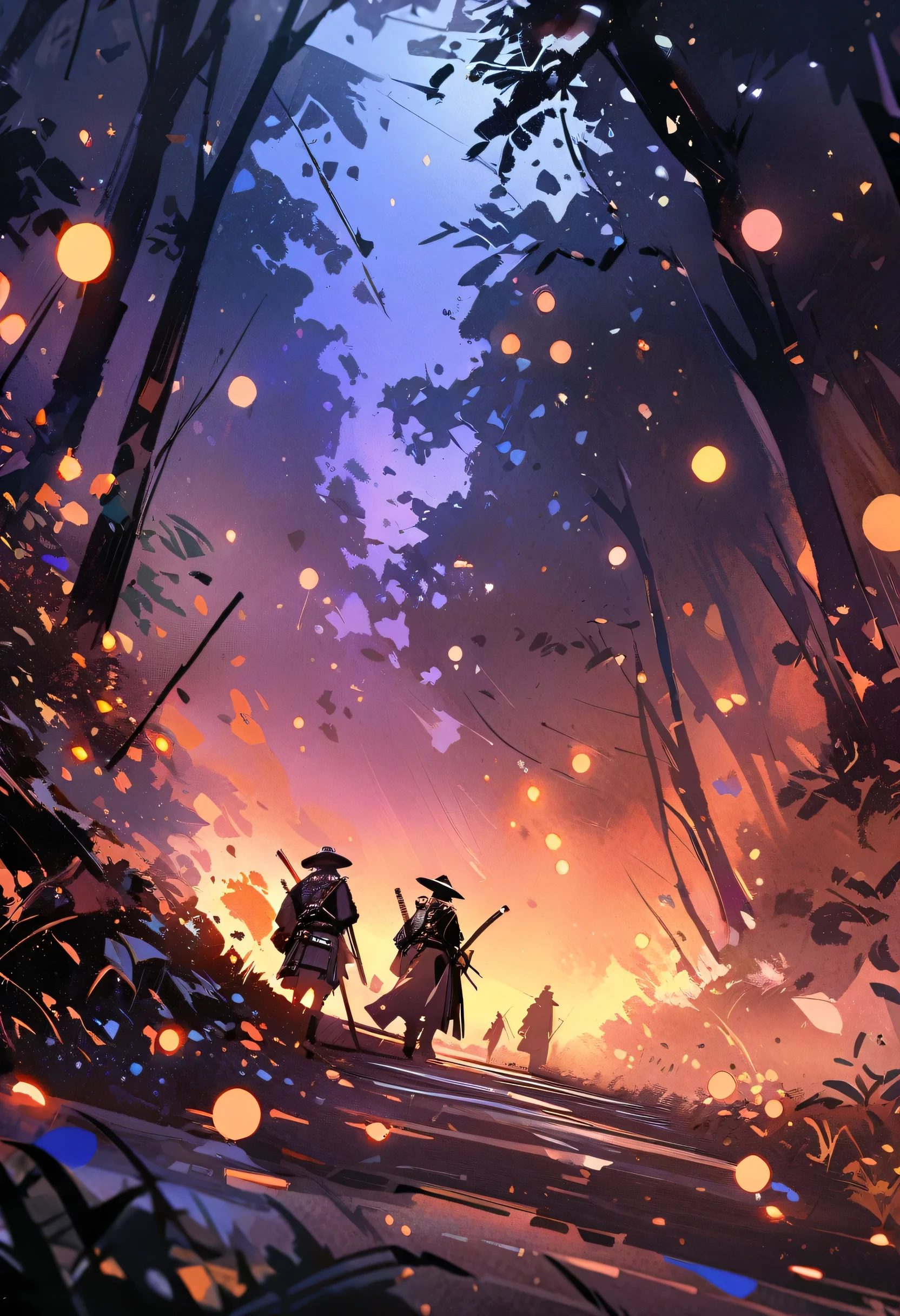 (Close-up shot:1.5), Japanese Samurai, Night forest glade background, (evening), moonlight, Bokeh, (Art by Jeremy Mann and Edvard Munch), Beautiful composition, Complementary Color, masterpiece, Awards
