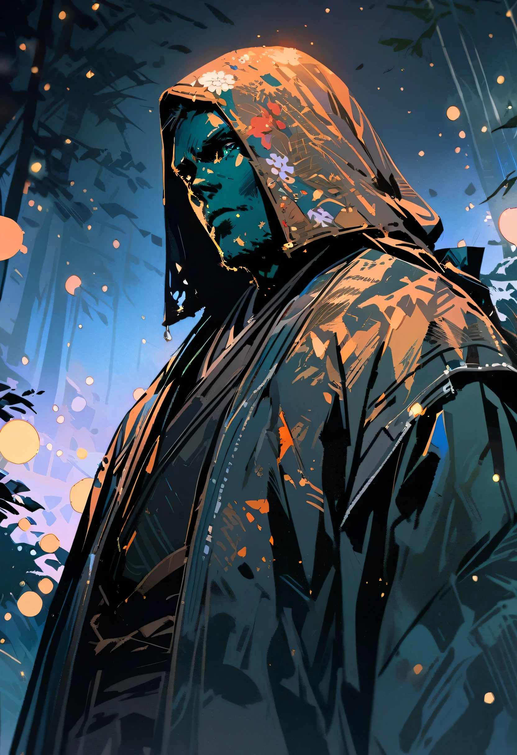 (Close-up shot:1.5), Japanese Samurai, Night forest glade background, (evening), moonlight, Bokeh, (Art by Jeremy Mann and Edvard Munch), Beautiful composition, Complementary Color, masterpiece, Awards