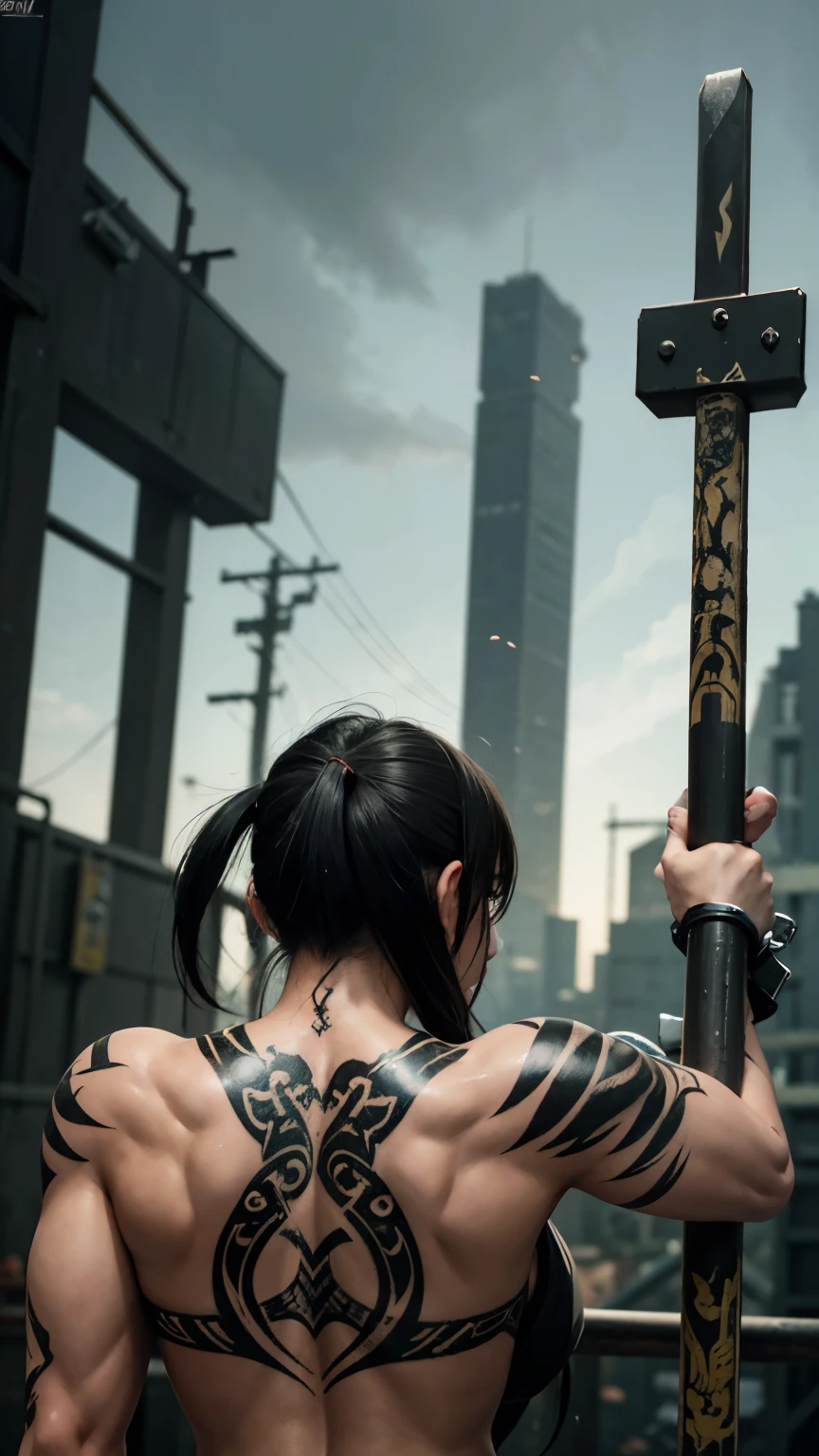 Giant, Upper Body, Strong muscular back, Back Tattoo, (Double Axe Tattoo), huge wall, The end of the world, Japanese anime style, Cinema Lighting, Dramatic atmosphere, Very detailed, 8k, Realistic, masterpiece