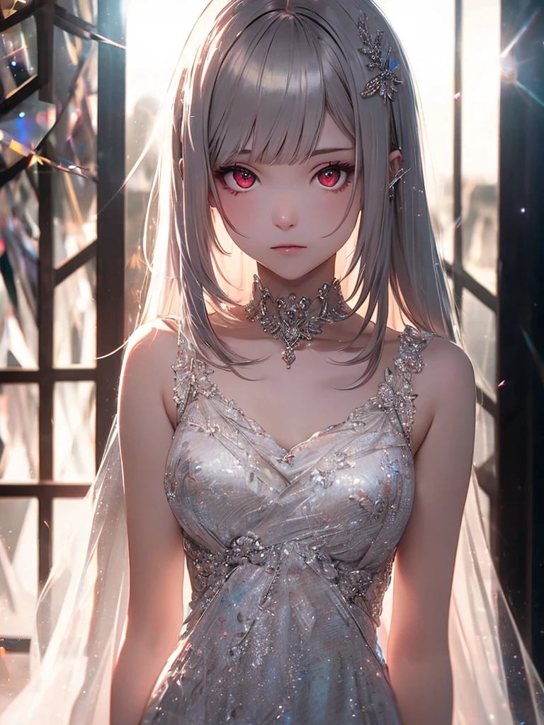(master piece),(top-quality:1.2),(perfect anatomy),1 girl,beautiful detailed red eyes,(chromatic aberration:1.3),lens flare,blunt bangs,silver long hair,pale skin,white dress,in house of mirrors,film lighting,dynamic composite,delicate texture