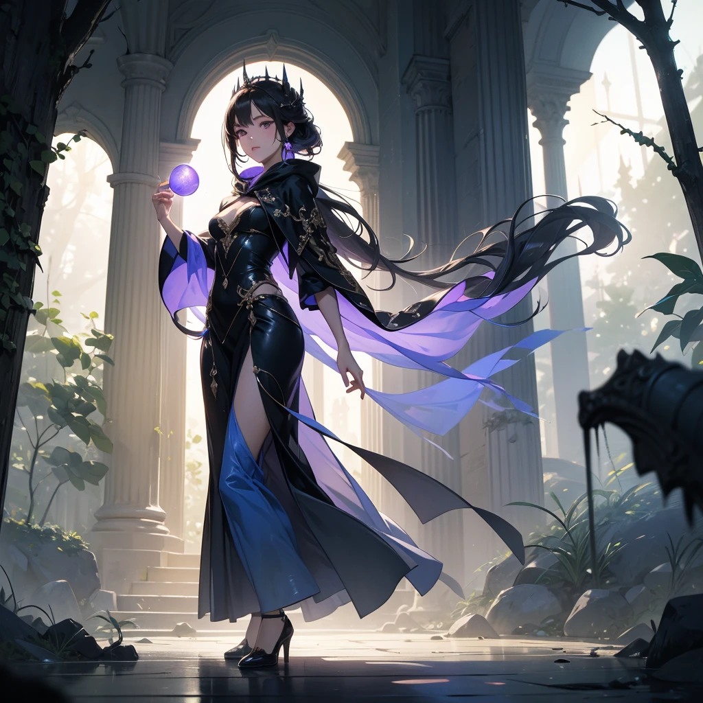 (((masterpiece)))((intricate detail))((8k UHD resolution))((full body shot)) of a girl in a dark hooded cloak, standing in a dim, shadowy environment, holding a glowing orb of energy in her hands which emits a soft, ethereal light. Surrounding her are numerous small lights in shades of {blue|purple}, casting a faint glow similar to candlelight. The atmosphere is {mysterious|otherworldly}, with a misty haze drifting around her feet. The ground beneath her is reflective, creating a mirrored effect that adds to the surreal ambiance. Subtle textures of ancient, worn stones and creeping vines can be seen in the background, hinting at a hidden, mystical place. The scene is quiet and enigmatic, with the girl's face partially obscured by the hood, her eyes focused intently on the luminous orb. [Best quality], [Masterpiece], [Ultra-detailed], [4k], {serene|intense} atmosphere, {mystical forest|ancient ruins}, {dynamic pose|relaxed pose}, low light, {soft shadows|dramatic lighting}, {reflected light on the ground:0.7}, {misty haze:0.6}, {glowing plants:0.5}, {creeping vines:0.4}, {ancient stones:0.3}.