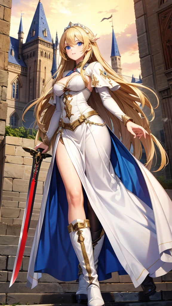 Blonde long hair woman dress long skirt cleavage，，boots,Great sword，medieval european castle