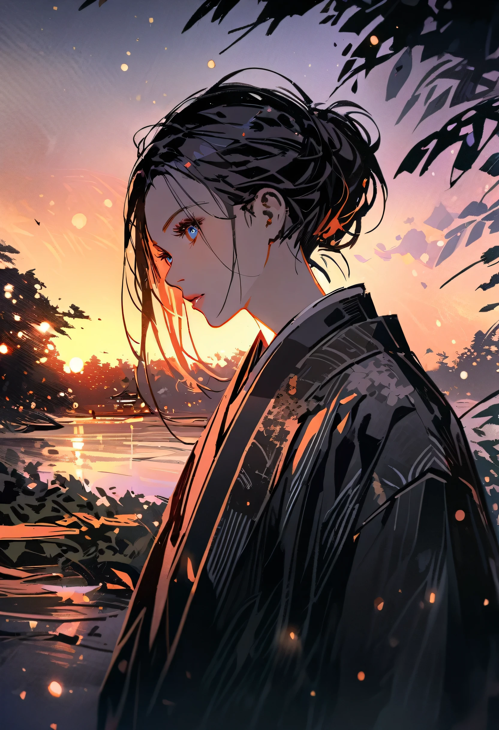 (Close-up shot:1.5), Japanese Samurai, Night forest glade background, (evening), moonlight, Bokeh, (Art by Jeremy Mann and Edvard Munch), Beautiful composition, Complementary Color, masterpiece, Awards