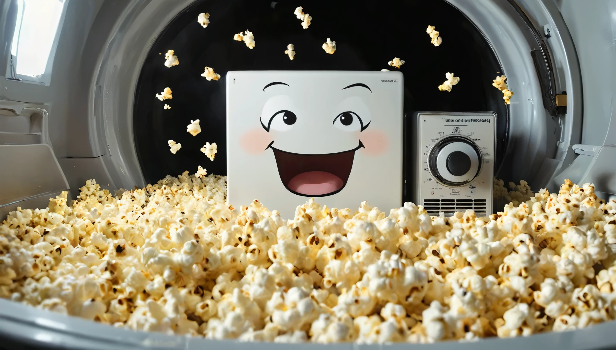 Visualize a lively and humorous scene inside an oversized, cartoon-style microwave that doubles as a high-security popcorn prison. As the microwave timer ticks down, signaling the imminent 'pop', a group of popcorn kernels dressed in classic black-and-white striped prison uniforms are executing a daring escape plan. Each kernel has a comically exaggerated face, displaying expressions of excitement and mischief.
The interior of the microwave is illuminated by a flickering, overhead light that casts long, dramatic shadows, enhancing the theatricality of the escape. Some kernels, having just popped, use their fluffy white forms as parachutes to float towards the slightly ajar microwave door, a result of a previous escape attempt.
This scene captures the hilarity and chaos of a popcorn prison break, turning a simple snack into the protagonists of an animated, slapstick adventure.