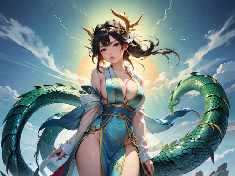 masterpiece, best quality, {best quality}, {{masterpiece}}, {high resolution}, Japanese cartoons, 1 Girl, Adult women, attractive(((Full breasts,)))(((Large Breasts))) Expose((Cleavage)),, Dissonance, 羽snake神, Kukulkan, snake神, dragon, snake, 飛翔的feather, feather, Aztek, Air, Air, thunder, thunder