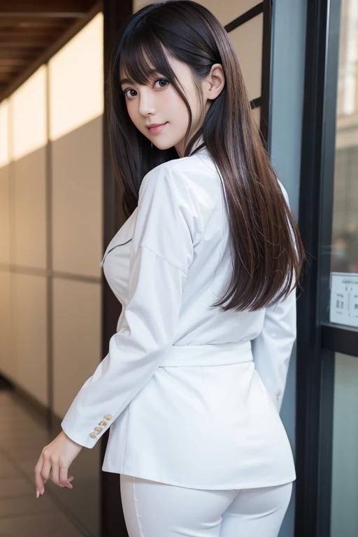 8K、Detailed Description、Very high definition、Realistic、reality的、Real、live-action、reality、High resolution、Nogizaka46、japanese idol,beautiful girl、21 years old、Dark brown eyes、Japan、office Street、sunny、full body,smile, closed mouth,Long Hair、Knee-up-top angle of view、Back view、look back、White pants style、White short-sleeved shirt、ビジネスsuit、suit、business suit、Very black hair、pretty girl、Beauty、Glowing Skin、Glowing Skin、Shiny Hair、Very white skin、Heavy makeup、Large Breasts、Big ass、Slit eyes、Big Eyes、Double eyelids、Don&#39;t show your teeth、