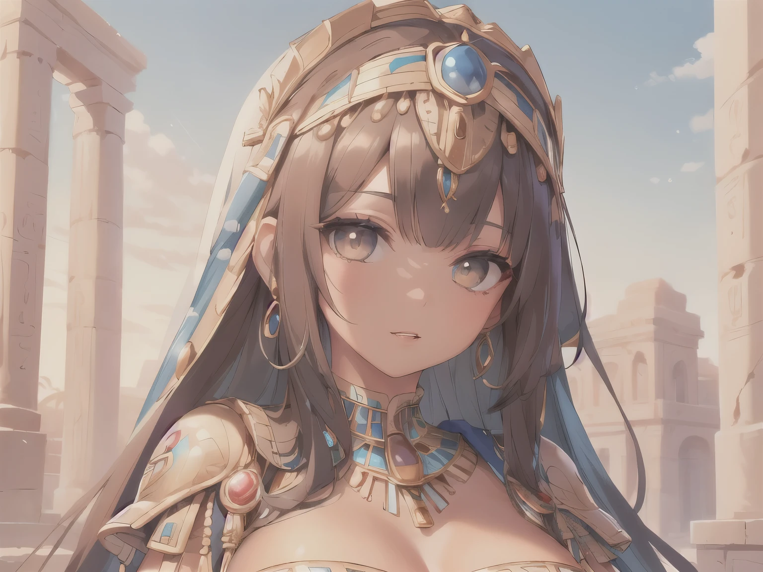 ((best quality)), ((masterpiece)), (detailed face and eyes), perfect face, accurate, textured skin, high details, highres, Cleopatra, queen of ancient Egypt, in silk dress, jewelled crown, lipstick, cowboy shot, Tanned skin, brown skin