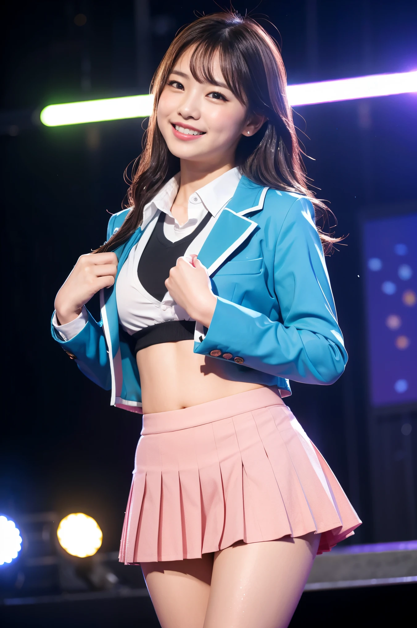 (8k), (highest quality: 1.2), (Realistic), (Realistic: 1.37), Ultra-high resolution, 1 girl, cute, (Embarrassed smile:1.2), (Blushing:1.4)Mouth closed, Beautiful details, Beautiful Nose, silky Hair, Giant Dulcefo, pork, Thighs,Navel exposed,University Student Uniform,A simple blazer,Pleated skirt,Platform boots,Dancing on the school stage,(shiny legs:1.4),Medium Shot,low angle 