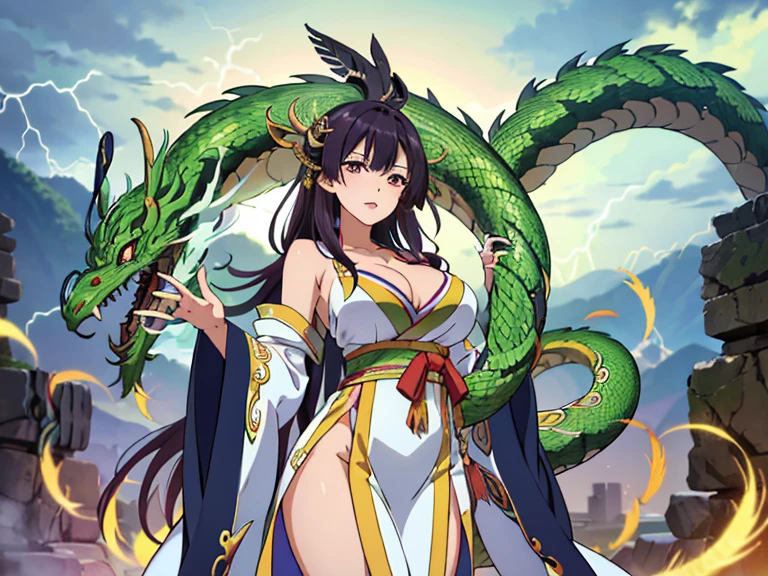masterpiece, best quality, {best quality}, {{masterpiece}}, {high resolution}, Japanese cartoons, 1 Girl, Adult women,(((Full breasts,)))(((Large Breasts))) Expose((Cleavage)), attractive, Dissonance, 羽snake神, Kukulkan, snake神, dragon, snake, 飛翔的feather, feather, Aztek, Air, Air, thunder, thunder