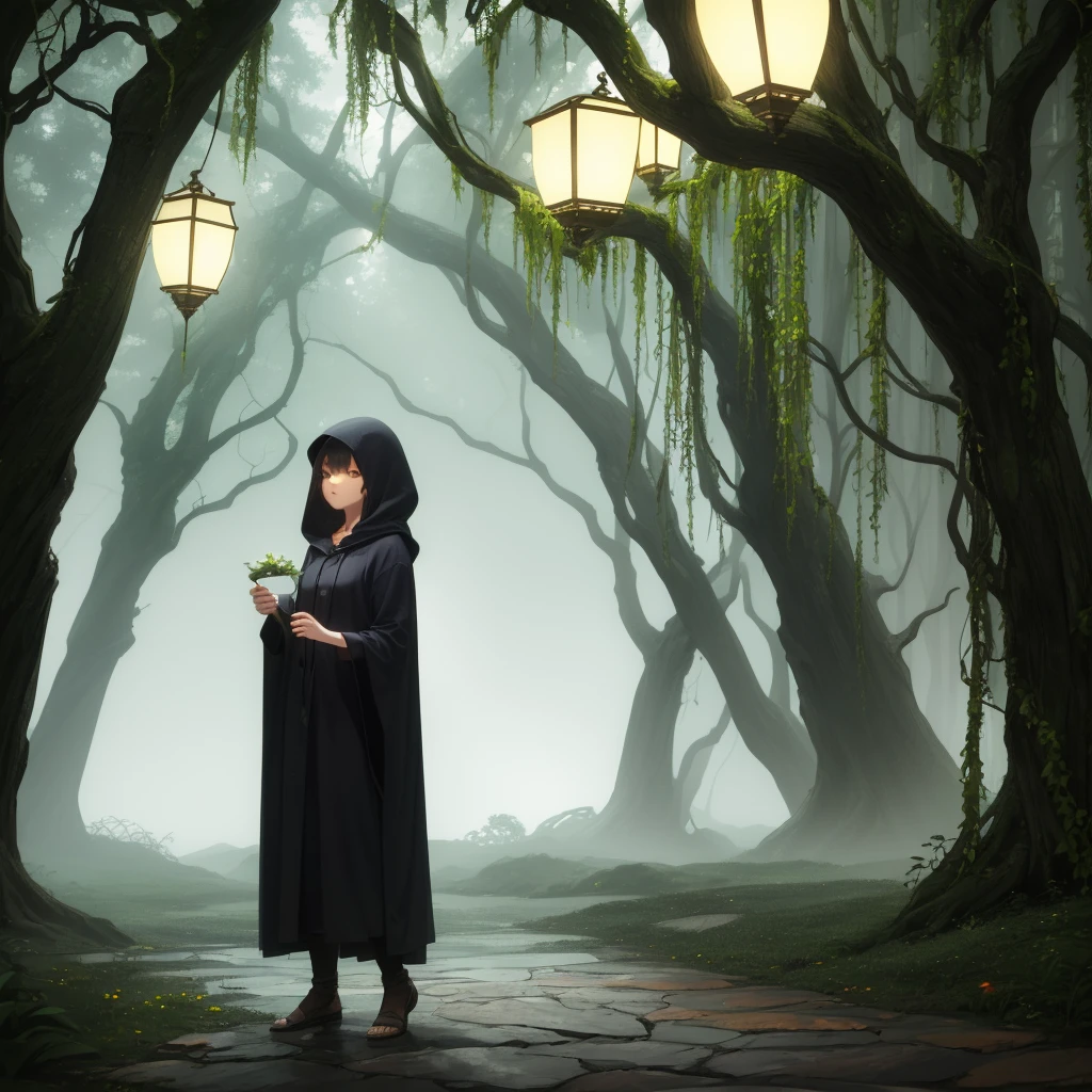 (((masterpiece)))((intricate detail))((8k UHD resolution))((full body shot)) of a girl in a dark hooded cloak, standing in a dim, shadowy environment, holding a glowing orb of energy in her hands which emits a soft, ethereal light. Surrounding her are numerous small lights in shades of {blue|purple}, casting a faint glow similar to candlelight. The atmosphere is {mysterious|otherworldly}, with a misty haze drifting around her feet. The ground beneath her is reflective, creating a mirrored effect that adds to the surreal ambiance. Subtle textures of ancient, worn stones and creeping vines can be seen in the background, hinting at a hidden, mystical place. The scene is quiet and enigmatic, with the girl's face partially obscured by the hood, her eyes focused intently on the luminous orb. [Best quality], [Masterpiece], [Ultra-detailed], [4k], {serene|intense} atmosphere, {mystical forest|ancient ruins}, {dynamic pose|relaxed pose}, low light, {soft shadows|dramatic lighting}, {reflected light on the ground:0.7}, {misty haze:0.6}, {glowing plants:0.5}, {creeping vines:0.4}, {ancient stones:0.3}.