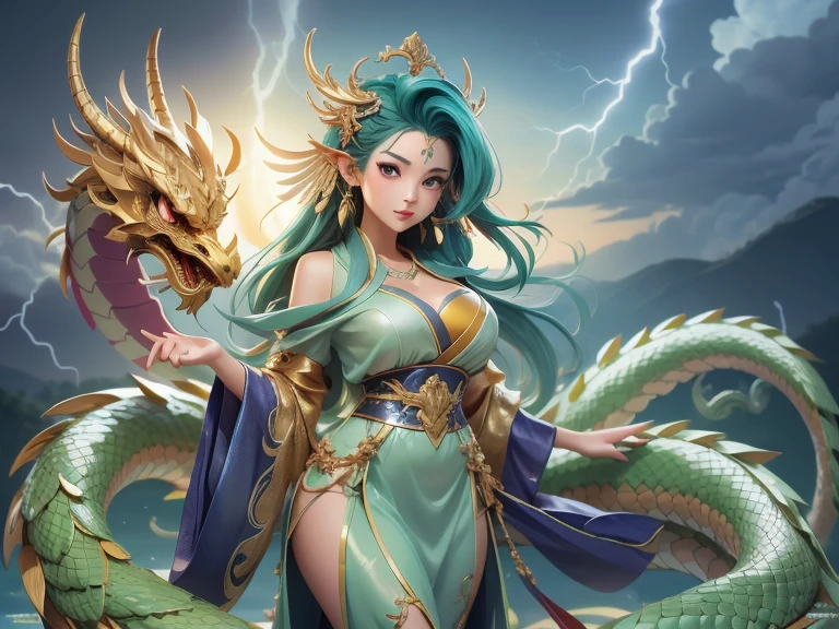 She is an emerald dragon dragon god.、white and beautiful skin、Blue eyes、a smile、Hairless pubic area、sexypose、Megachibi、minimum、