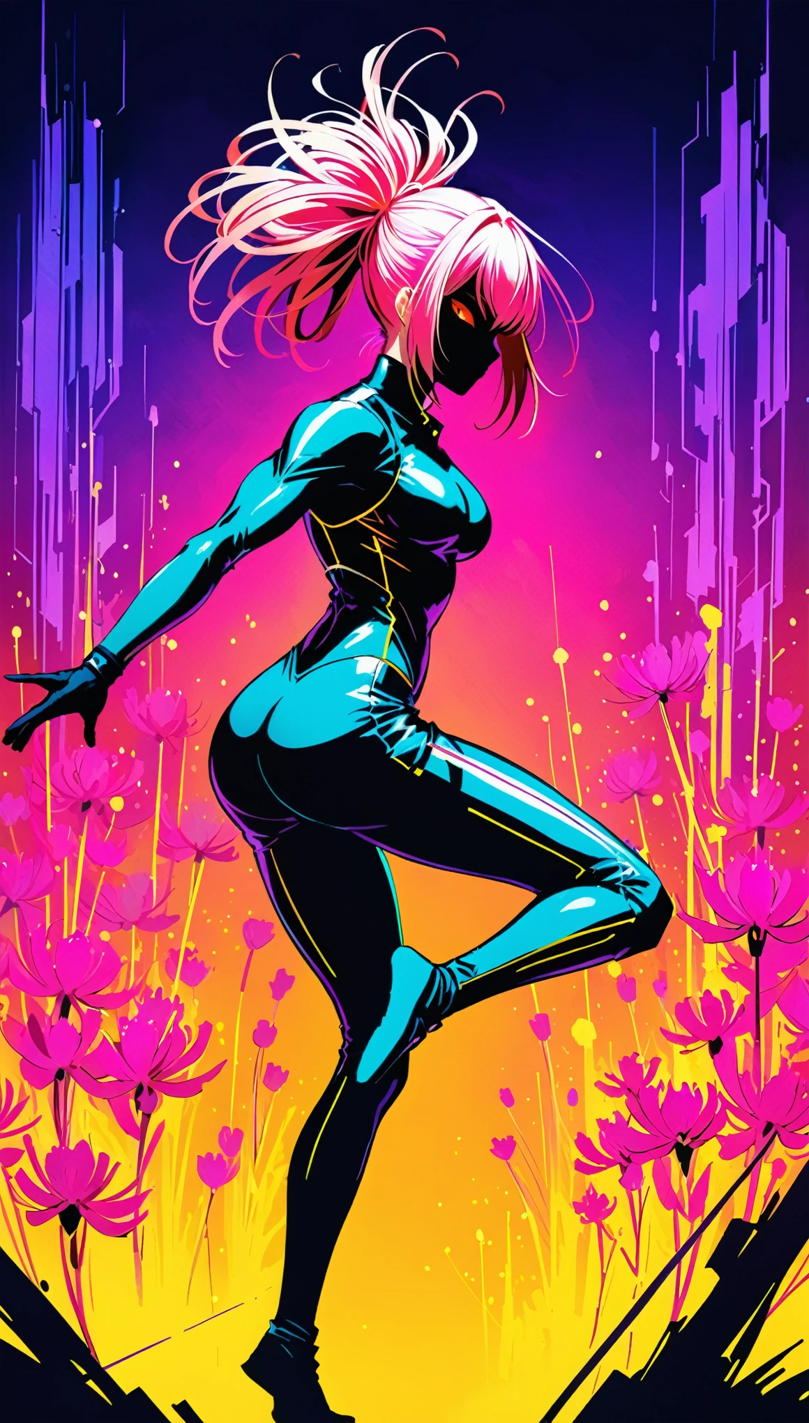 (in style of Ashley Wood:1.4),(in style of Takeshi Obata:1.3), (Lycoris radiata background:1.3),(darkorchid neon glowing:1.1)gradient pop surrealism,Detailed, BREAK 1 girl,muscles of the back,posing, dynamic action, expressive action,fighting,judo uniform girl,fullbody portrait of a girl,Yoga moves