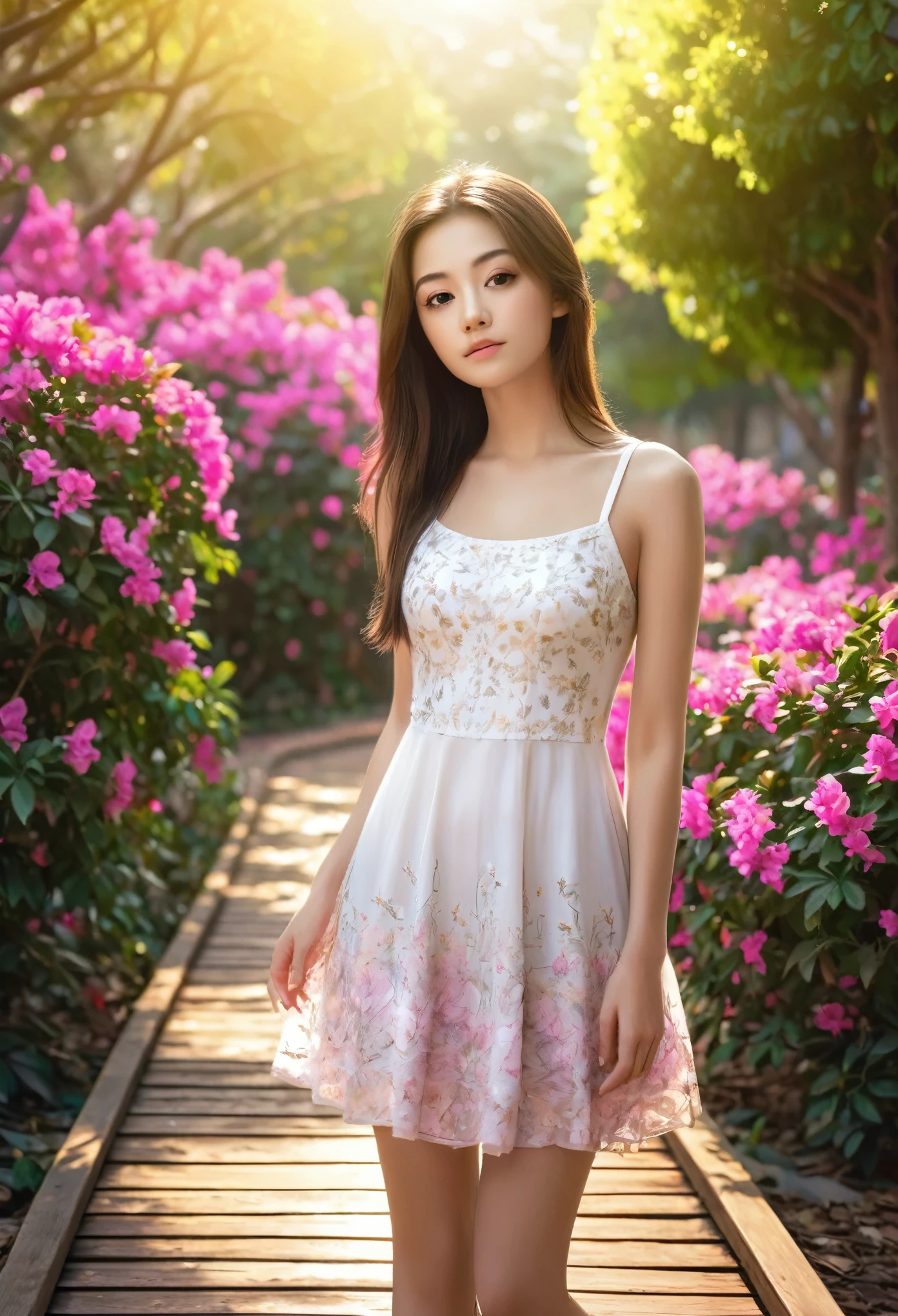 (masterpiece, top quality, best quality, beautiful and aesthetic:1.2), (1girl), extreme detailed eyes, (fractal art:1.3), colorful, highest detailed, (perfect face), shiny skin, HDR, wide angle photo of an 18 year old girl A sweet, gentle face, white skin, cute, wearing a one-piece dress, standing holding a coffee cup on the wooden walkway, with white flowering bougainvillea trees.,Yellow crepuscular rays and pink petals flutter throughout the image. and has fallen petals scattered on the floor There is a lush green landscape with Realistic flowers The atmosphere is calm and shady, the light is faint in the morning, facing straight, the picture is sharp and realistic.