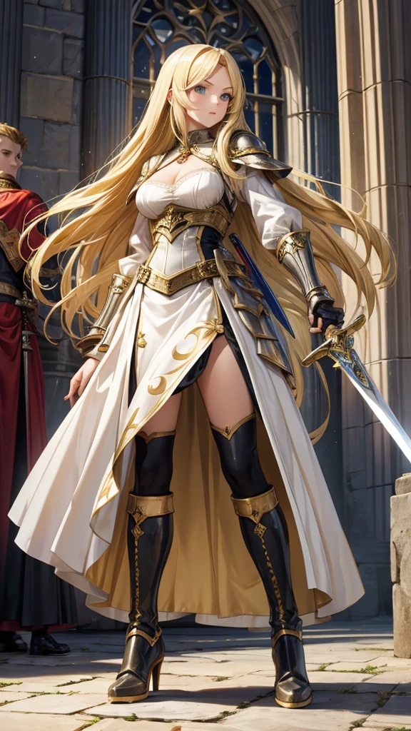 Blonde long hair woman dress long skirt cleavage,Hand guard,,boots,Great sword,medieval european castle