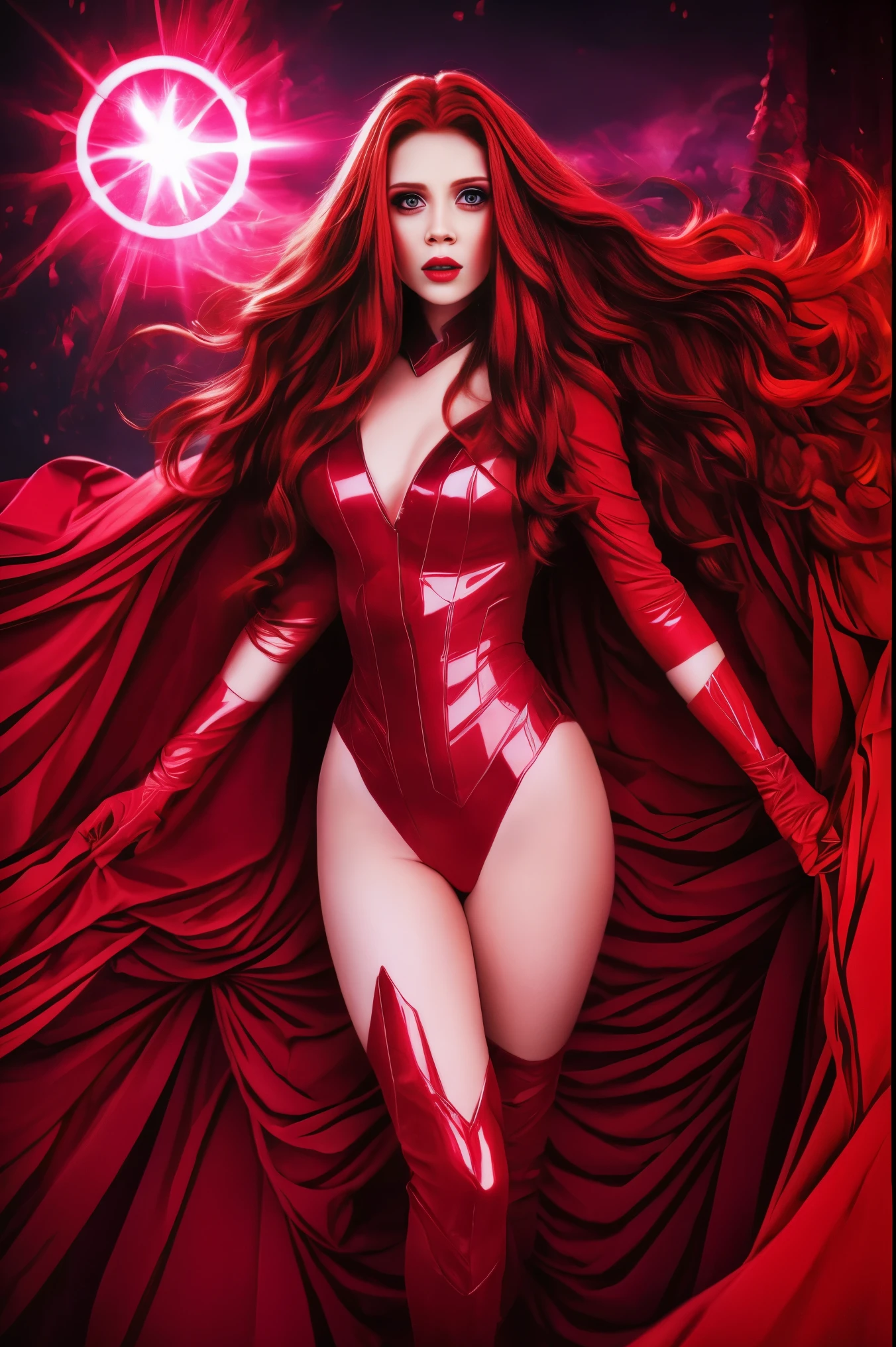 best quality,ultra-detailed,realistic,sexy scarlet witch,beautiful detailed eyes, beautiful detailed lips, long red hair, witch costume, glowing magical powers, intense gaze, confident posture, dark and mysterious background, vibrant colors, enchanting art style, dramatic lighting