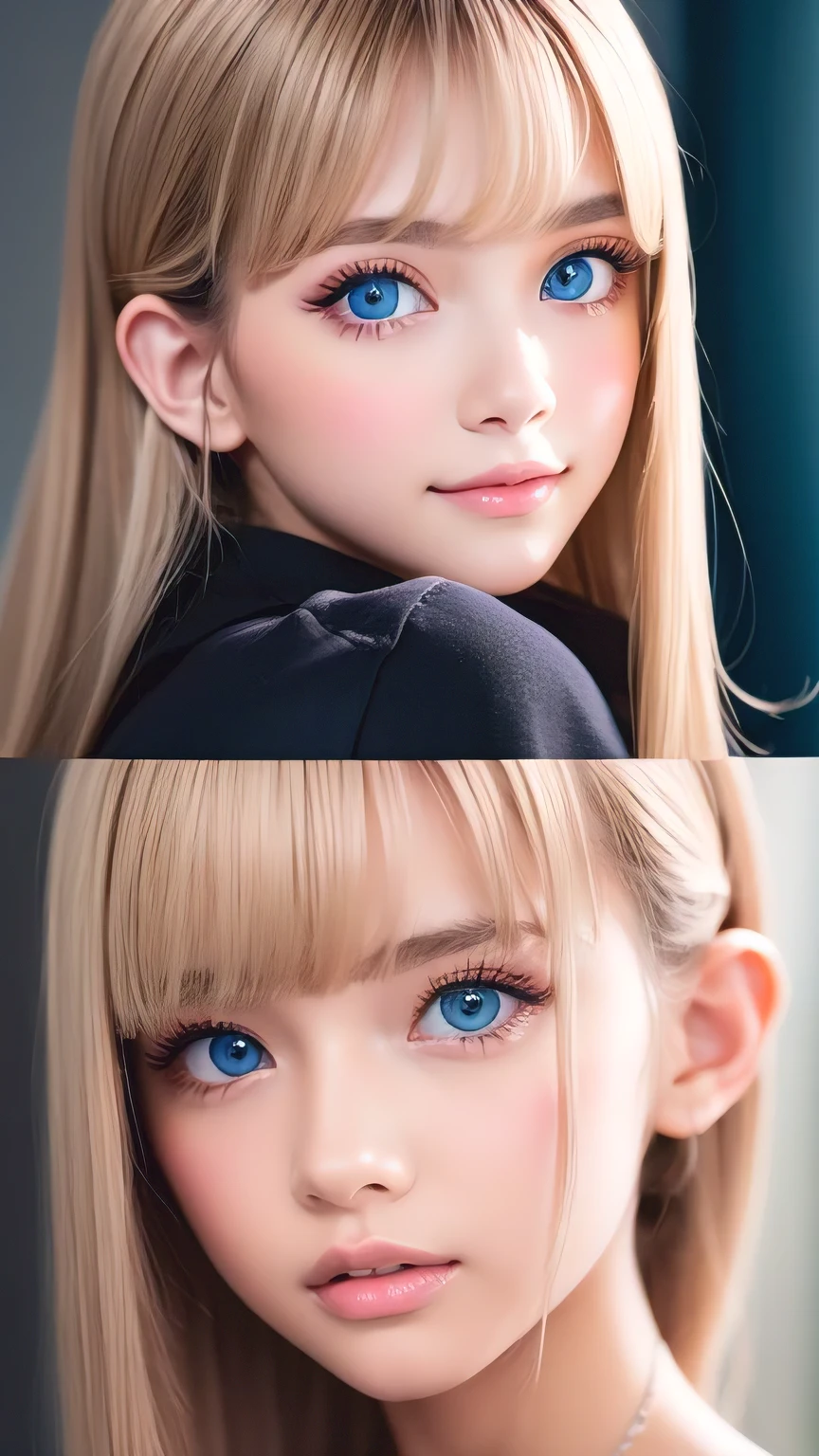 Extraordinary sexy beauty、beautiful, A kind and bright expression、Sexy and refreshing impression、Perfect beautiful Pretty face、Super long ponytail、Bangs that cover the eyes、Facial hair、Super long, Shine mystically、Natural straight platinum blonde hair、beautiful facial hair、very cute、beautifully、Sexy ugly little woman、So perfect and beautiful, Pretty face、Large, bright, light blue eyes that sparkle beautifully、Very big eyes、Very white, like々Brighter skin、Small Face Beauty、Round face