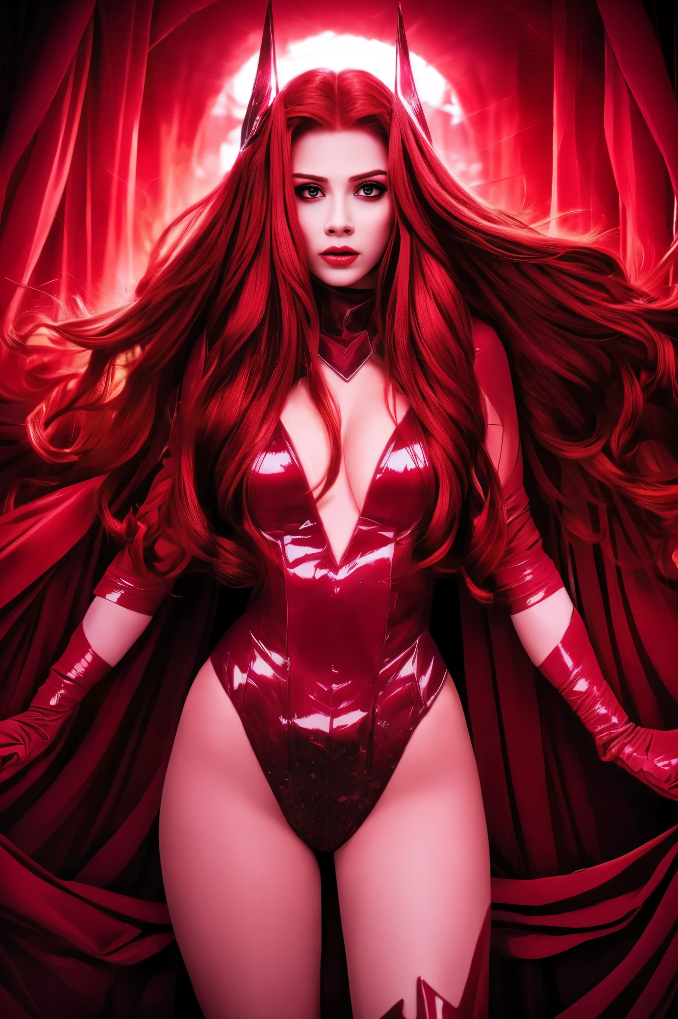 best quality,ultra-detailed,realistic,sexy scarlet witch,beautiful detailed eyes, beautiful detailed lips, long red hair, witch costume, glowing magical powers, intense gaze, confident posture, dark and mysterious background, vibrant colors, enchanting art style, dramatic lighting