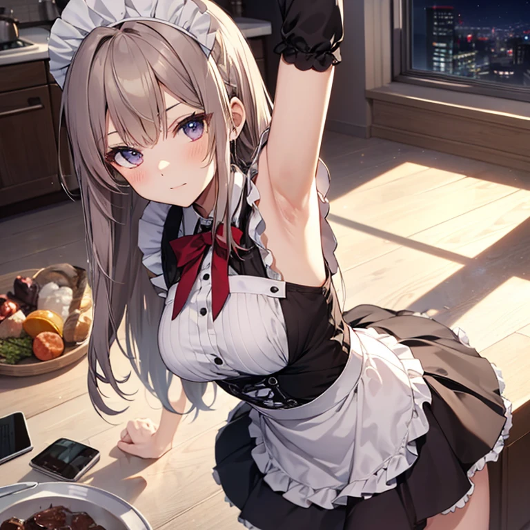 A maids, (in kitchen), various hair styles, night, details face, short skirt, seducing, sleeveless, maid uniform, armpits