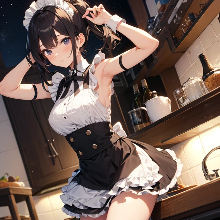 A maid, (in kitchen), various hair styles, night, details face, short skirt, seducing, sleeveless, maid uniform, armpits, elf