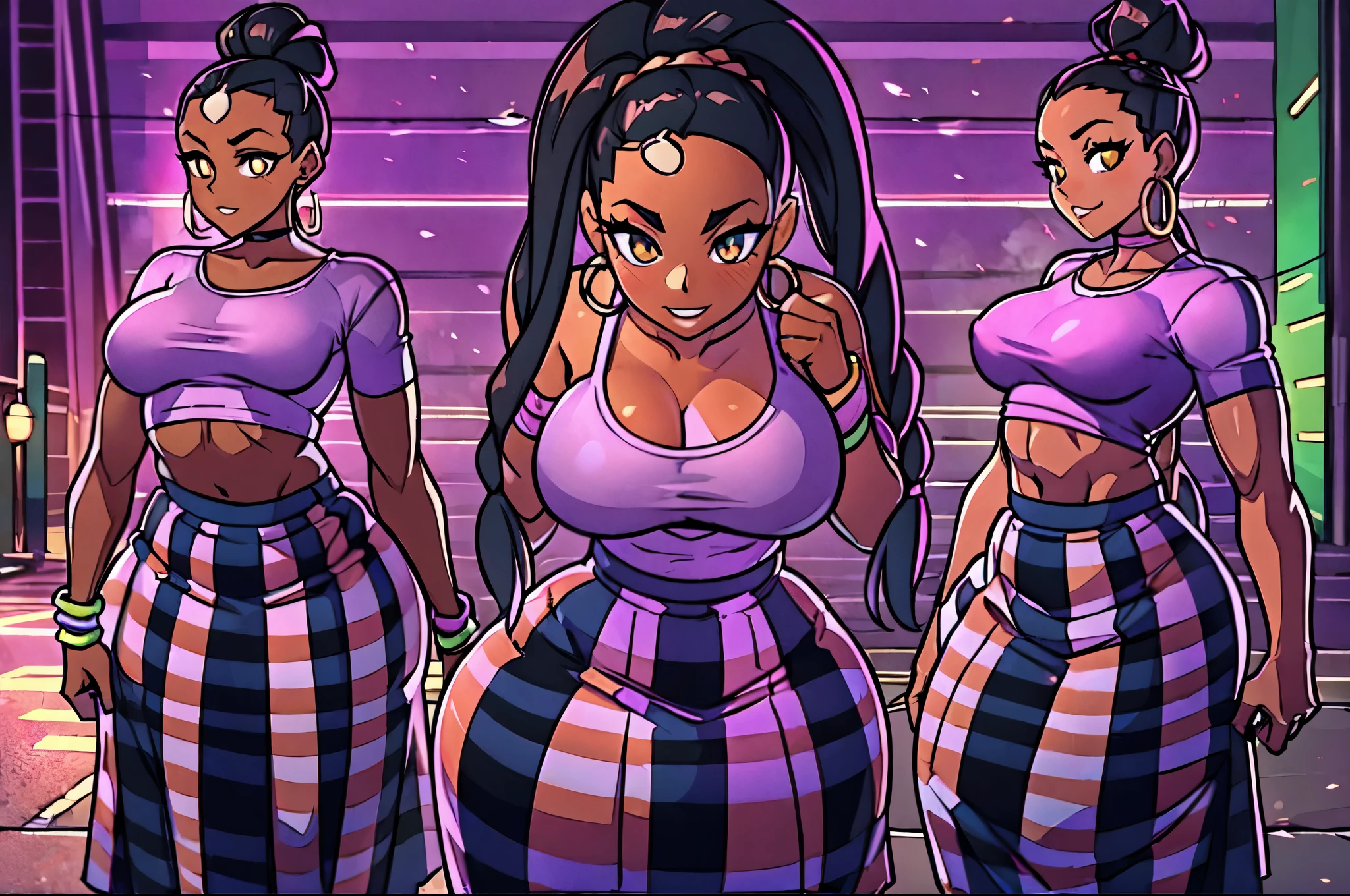 4K Quality, black woman, grinning, sexy pose, black plaid skirt, standing up, black african braids, dark skinned, thick thighs, big breasted, big ass, looking at viewer, braided hair, amber eyes, night time, on the sidewalk, full body, city background, perfect face, perfect body, perfect eyes, full lips, hoop earrings, bottom heavy, light particles