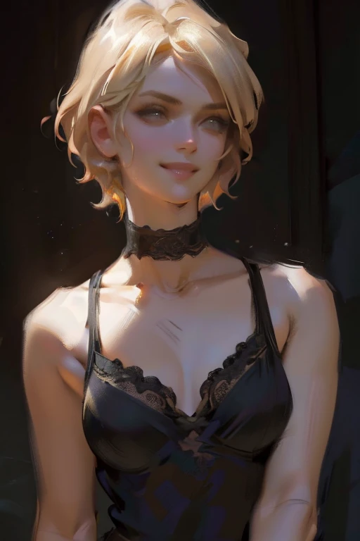 ((ultra realistic illustration:1.3)), Athletic blonde woman, (short hair), tomboy, cute, ((smile)), Smoky eye, mascara, choker, black sheer lace camisole. (aroused:1,1), gazing into the viewer's eyes, with burning desire. Sexy, romantic. Masterpiece, (highly detailed:1.2),(detailed face and eyes:1.2), 8k wallpaper, Moody lighting. core shadows, high contrast, bokeh.