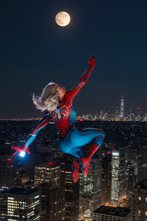 (​masterpiece、4K resolution、A hyper-realistic、ighly detailed)、(White Superhero Theme、Charisma、There's a girl in a Spider-Man costume over town、She's a superhero)、 [((30-years old)、(Long grey hair:1.2)、full body Esbian、(blue eyess:1.2)、((Spider-Man pose)、show of strength、Jump from one building to another)、(Look back)、((Sandy urban environment):0.8)|(A city scape、natta、Dinamic Light)、(fullmoon)]#illustrate:Prompts are mainly ultra high definition、very real、Describes highly detailed 4K paintings。A superheroine in a Spider-Man costume is depicted at the top of the city。The theme of the picture is white superhero theme、The female protagonist has long white hair and、At the age of 30、Her whole body is shown in the painting。In terms of depicting the actions of superheroines、Spiders are employed
