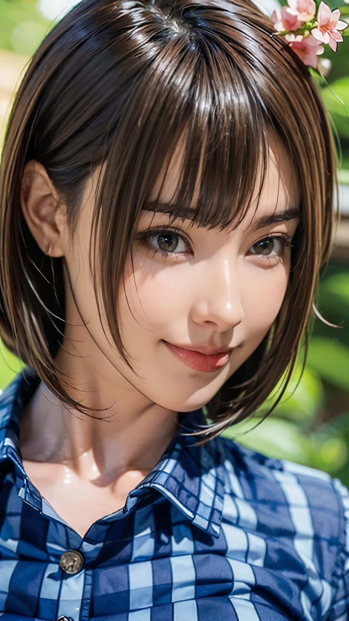 (((masterpiece:1.5),(highest quality:1.5),(Very detailed:1.5),(High resolution:1.5),(Realistic:1.5),(Photorealistic:1.5),(Delicate depiction),(Gentle colors))),8k,wallpaper,BREAK,1 girl,New female employee,(Face close-up:1.5),(front),Japanese,Short Bob,(Black Hair),(Beautiful Hair:1.5),(Shiny Hair:1.3),(Detailed hair drawing:1.2),(Peering in:1.5),(Fine skin:1.5),(Shiny skin:1.3),(Beautiful Face:1.5),(Cute Face:1.5),(smile:1.5),(Smiling with mouth closed:1.5),(Beautiful Teeth),(Checked shirt:1.5),(Very delicate and beautiful brightly colored clothing:1.4),(Spring background:1.5),(faint light:1.5),(((Blur the background:1.5)))