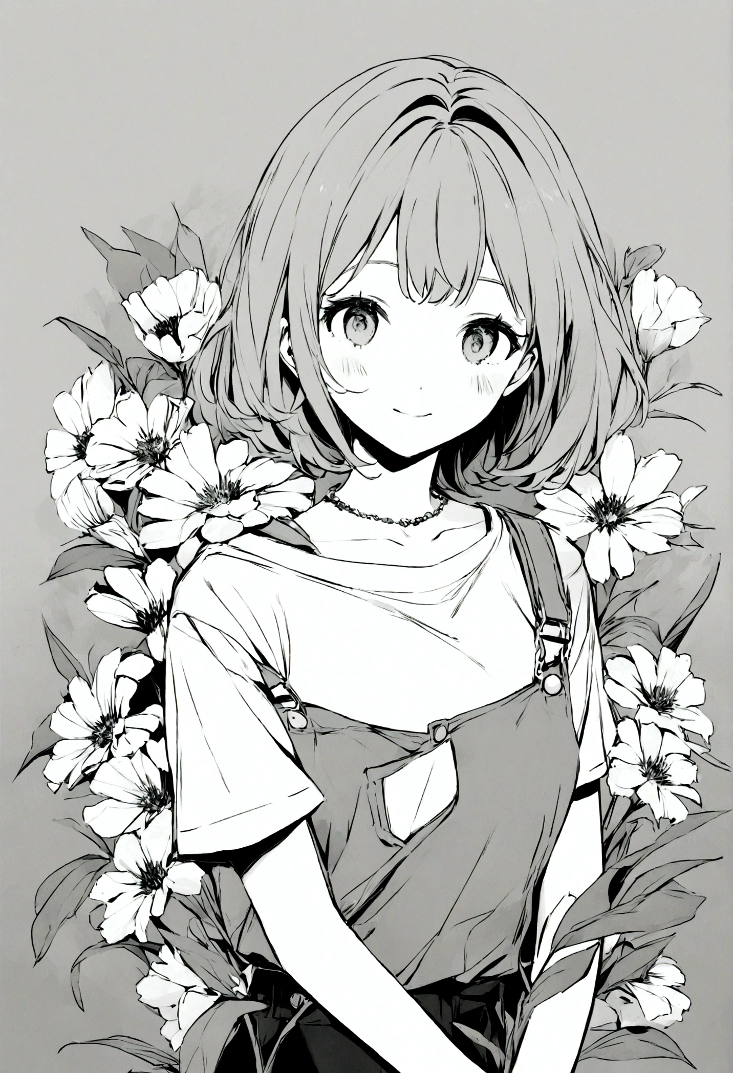 create an image of flowers for a t-shirt design. The background should be white, and the overall image should be in monotone colours, ideally white and grey. However, include one flower that is coloured. The design should be clean, modern, and suitable for a casual t-shirt.