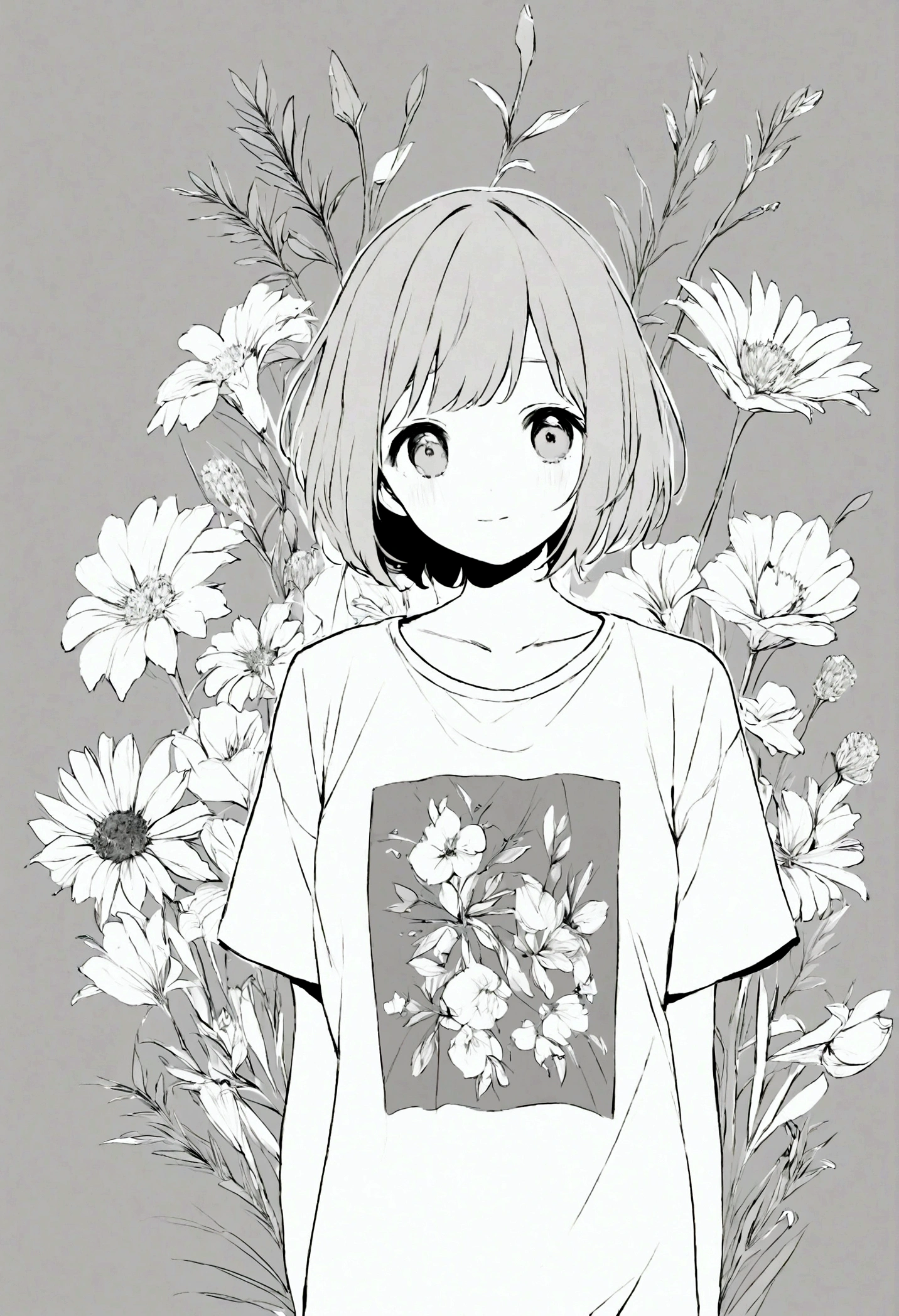create an image of flowers for a t-shirt design. The background should be white, and the overall image should be in monotone colours, ideally white and grey. However, include one flower that is coloured. The design should be clean, modern, and suitable for a casual t-shirt.