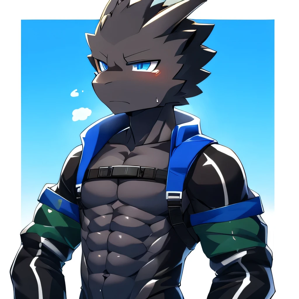 Thin macho　western black dragon　　abs　　　　　Hollow abs　　body suit　　thick arms　　　chest rig　　　、sweaty　　　skin glow　　profile　　Wearily　short of breath　　  　Chemo shota　　
have a 　blue eyes　Tired look　Suffering jacket