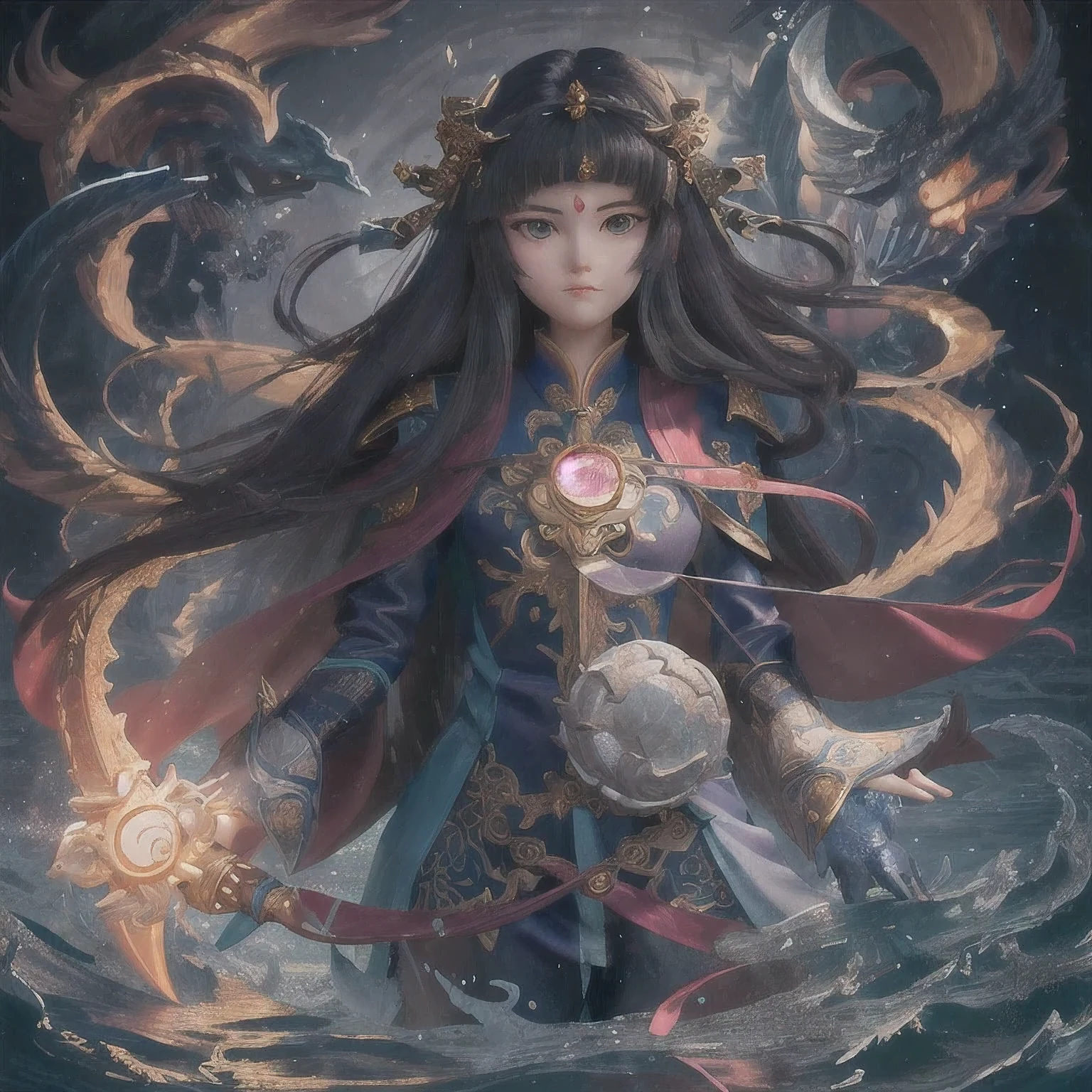 anime girl with a sword and a dragon in her hands, queen of the sea mu yanling, by Yang J, anime fantasy illustration, beautiful celestial mage, anime fantasy artwork, fantasy art style, by Li Song, g liulian art style, 2. 5 d cgi anime fantasy artwork, by Qu Leilei, xianxia fantasy, fanart best artstation