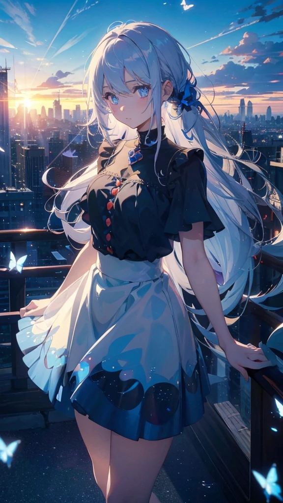 1 anime girl, alone,white hair,Blue shining jewel eyes,Black petals flutter, A mysteriously shining butterfly.blue sky,city,Vivid blue hair,bright blue jewel eyes,thin legs,cloudy sky,very clear,highest quality,Are standing,Straight Hair,morning,Mid-length skirt,City of Sunsets