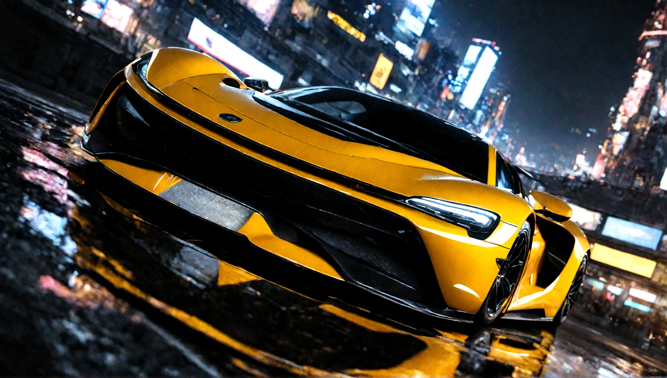 a beautiful yellow supercar, city of tokyo in the background, detailed high resolution photo, cinematic lighting, 8k, photorealistic, dynamic composition, vibrant colors, reflection on the car body, depth of field, realistic textures, intricate details, sleek design, futuristic architecture, ultrawide angle, dramatic sky