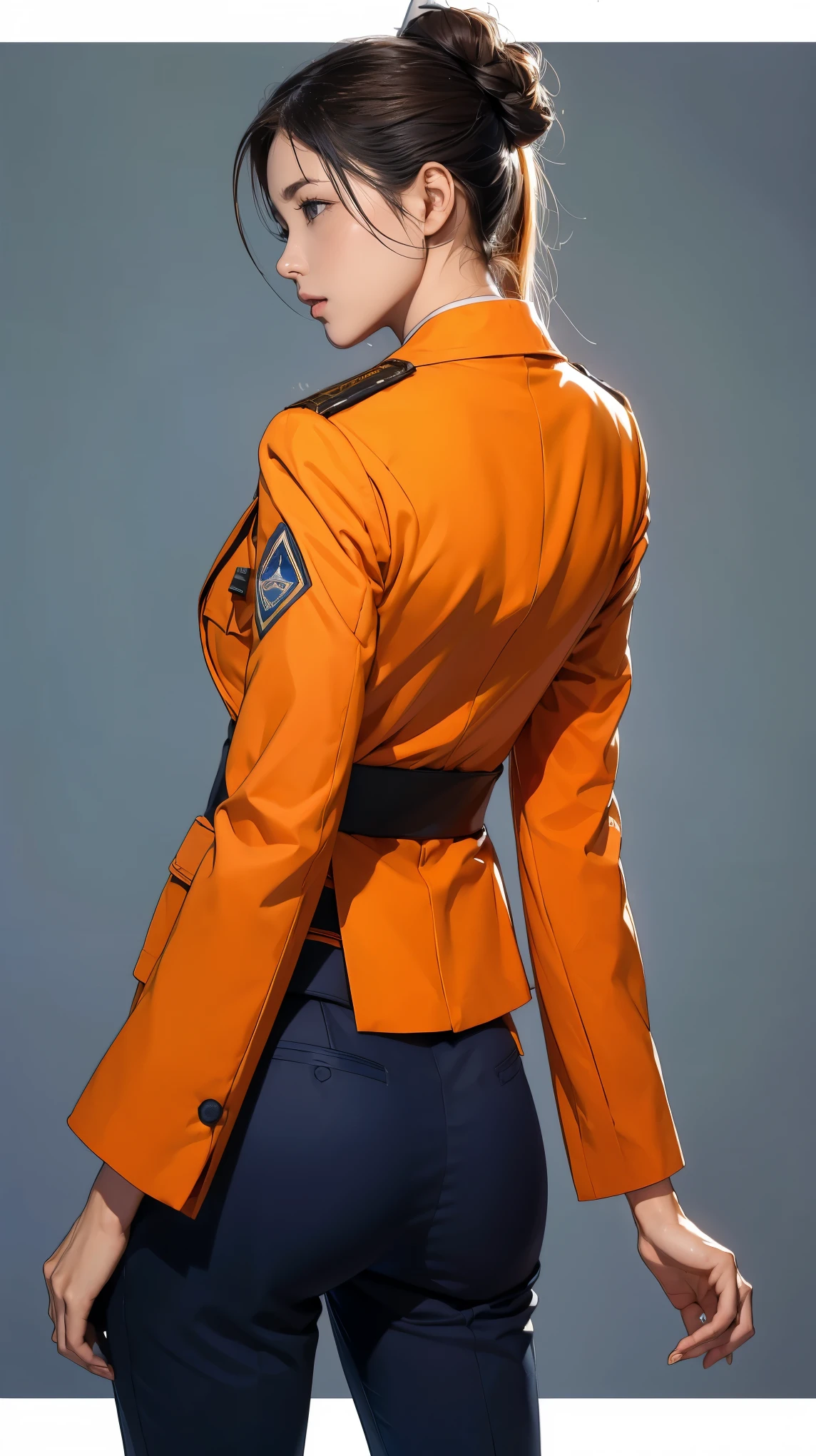 ((masterpiece)),(((highest quality))),((Reference Sheet, Character Design, front, return, ~ ~ side, Mr..々Hairstyle, Mr..々Performance, Facial Expressions)), , Cute type, (Very slim:1.4), (Very small ass:1.4), Realistic buttocks, Big Breasts, Short Bob, Thin thighs, Long legs, It's not a big deal,(A female Earth Federation officer is walking), (Wearing Earth Federation military uniform, White and orange uniform),(Worn by federal government employees'White Hat:1.5)