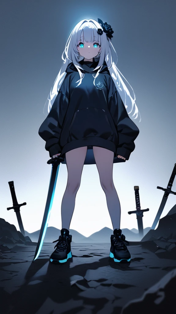 Masterpiece, saturate, full HD, best quality, 1girl, ( young girl, cute girl), slim body.medium breast, white  light hair.detailed beautiful eyes. Glowing eye. Bright aqua eyes, long hair, bangs, black flower hair ornament, black hoodie oversized, holding sword. Black flower hair ornament. girl's head facing upwards, shadows surrounding girl, foggy theme, rocky plain background and many swords sticking into the ground, foggy
 