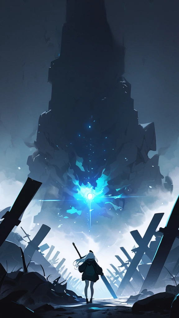 Masterpiece, saturate, full HD, best quality, 1girl, ( young girl, cute girl), slim body.medium breast, white light hair.detailed beautiful eyes. Glowing eye. Bright aqua eyes, long hair, bangs, black flower hair ornament, black hoodie oversized, holding sword. Black flower hair ornament. girl's head facing upwards, shadows surrounding girl, foggy theme, rocky plain background and many swords sticking into the ground, foggy
