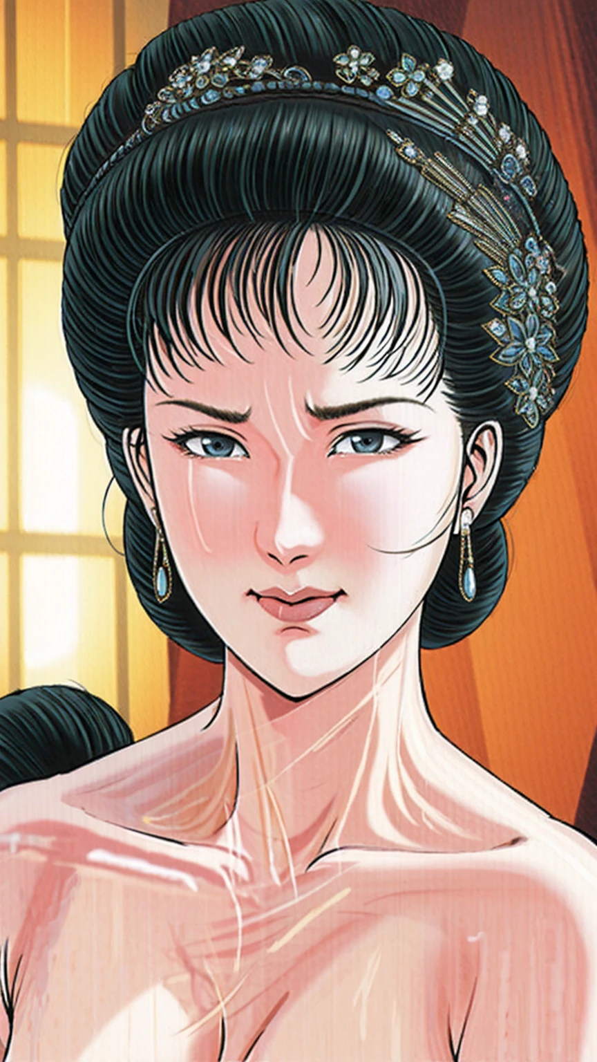 (best quality), (very aesthetic), (ultra-detailed), (best illustration),(a mature female),(perfect face),Suikoden,Mrs. Lin,(((NSFW))),((full_body)),((full_nude)),(crying),Covers mouth with right hand,red cheek,sweating,skinny,flushed skin,(hairly),(Missionary position sex),(She is lying face up),chinese traditional bed room,overhead view