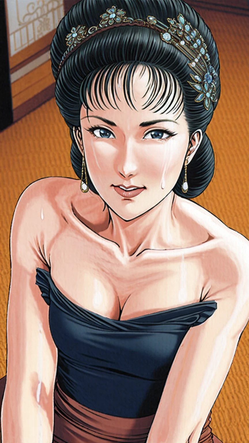 (best quality), (very aesthetic), (ultra-detailed), (best illustration),(a mature female),(perfect face),Suikoden,Mrs. Lin,(((NSFW))),((full_body)),((full_nude)),(crying),Covers mouth with right hand,red cheek,sweating,skinny,flushed skin,(hairly),(Missionary position sex),(She is lying face up),chinese traditional bed room,overhead view