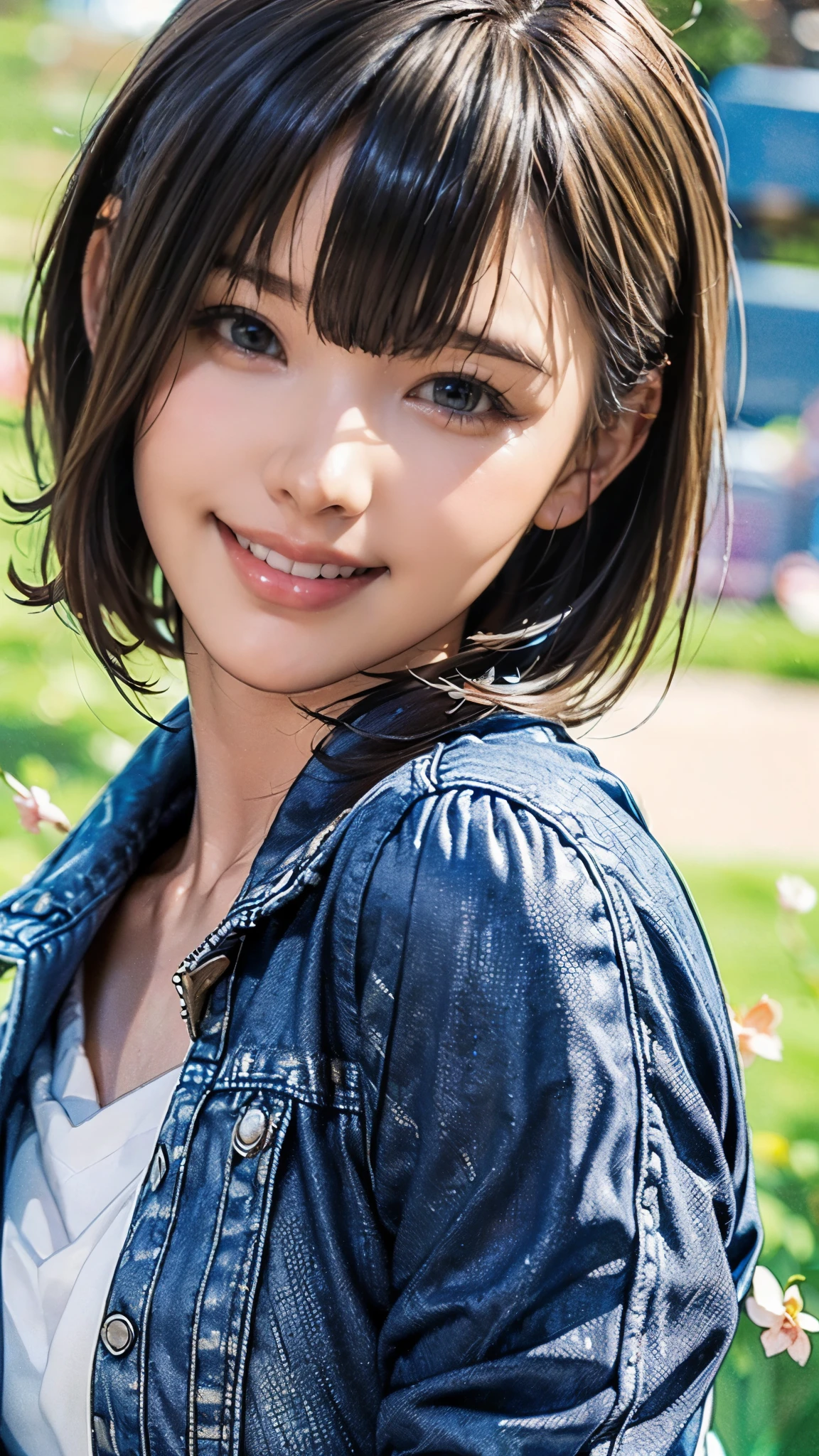 (((masterpiece:1.5),(highest quality:1.5),(Very detailed:1.5),(High resolution:1.5),(Realistic:1.5),(Photorealistic:1.5),(Delicate depiction),(Gentle colors))),8k,wallpaper,BREAK,1 girl,New female employee,(Face close-up:1.5),(front),Japanese,Short Bob,(Black Hair),(Beautiful Hair:1.5),(Shiny Hair:1.3),(Detailed hair drawing:1.2),(Peering in:1.5),(Fine skin:1.5),(Shiny skin:1.3),(Beautiful Face:1.5),(Cute Face:1.5),(smile:1.5),(Smiling with mouth closed:1.5),(Beautiful Teeth),(denim jacket:1.5),(Very delicate and beautiful brightly colored clothing:1.4),(Spring background:1.5),(faint light:1.5),(((Blur the background:1.5)))