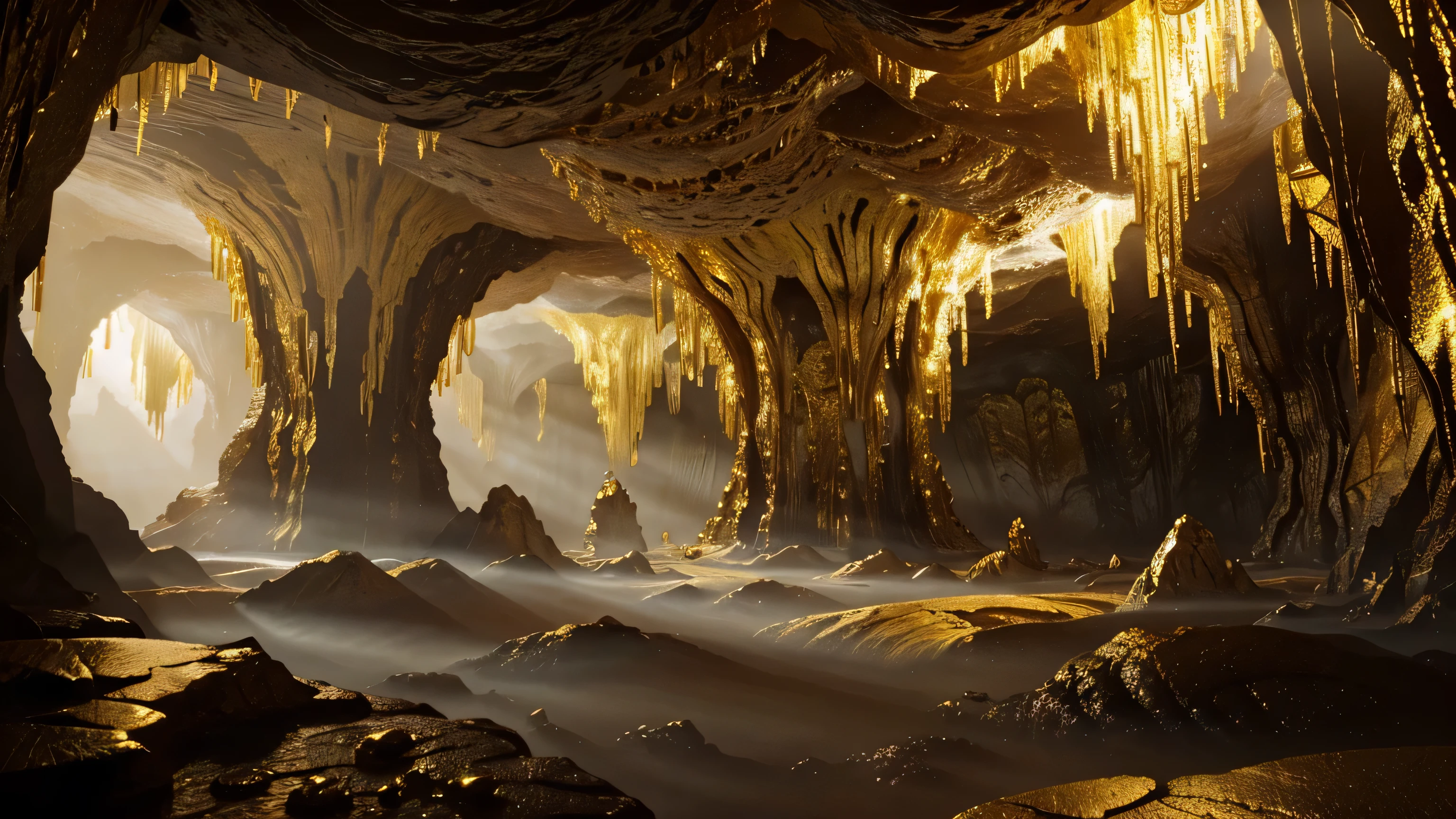 a giant cave filled with gold, intricate gold patterns, shimmering gold light, massive golden stalactites and stalagmites, opulent golden details, ultra-detailed, 8k, photorealistic, cinematic lighting, dramatic shadows, epic fantasy landscape, surreal atmosphere, vibrant colors, dramatic chiaroscuro