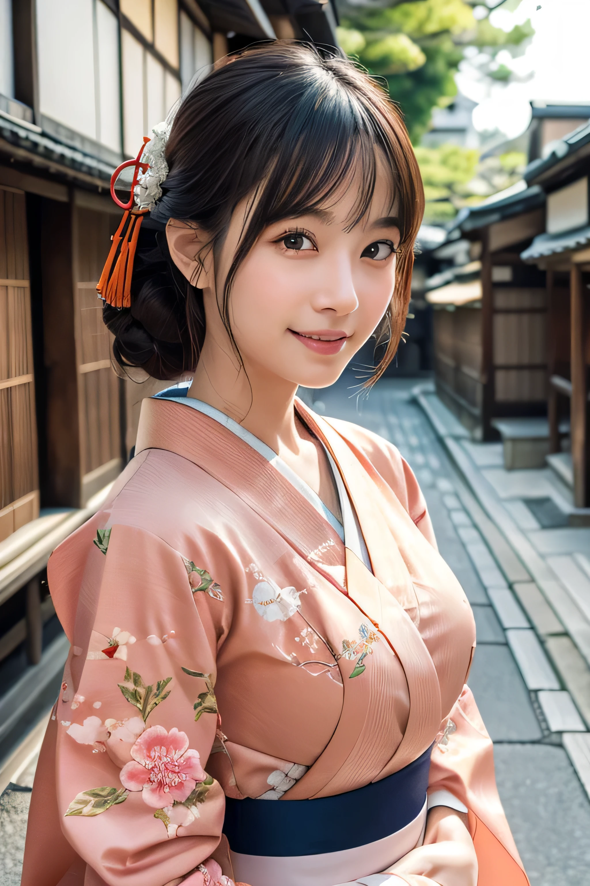 Professional Lighting,(Photorealistic:1.4), (Top image quality:1.0), (超A high resolution:1.0), 8k, Raw photography, (masterpiece:0.2), (Facing the children_v1:0.5)、(highest quality Detail:1.2)、Realistic、8K Ultra HD、High resolution、(1 girl:1.2)、Super detailed、High quality textures、Complex details、detailed、Very detailed CG、High quality shadows、detailed Beautiful and delicate face、Beautiful details and a delicate eye、(Symmetrical eyes:1.2),Written boundary depth、Ray Tracing,1 girl, Japanese Girls, (Natural smile:1.4),cute, thin, Portrait of a beautiful Japanese woman in a kimono, Standing elegantly on a street corner in Kyoto. Kimono with vibrant traditional patterns, Hair decorated with elegant and delicate hairpins, Gentle expression. (With the old streets of Kyoto in the background:1.4)、The soft light of a spring afternoon、Adding tranquility to the scene. Rendered in a Realistic style with great attention to detail, High resolution images.Sky Porn, Magic Hour, (Realistic:1.3), finely, quality, (Tabletop:1.2), (Realistic:1.2), (highest quality), (Complex details), dramatic, Ray Tracing, photograph, +roller, (Large Breasts:1.2),