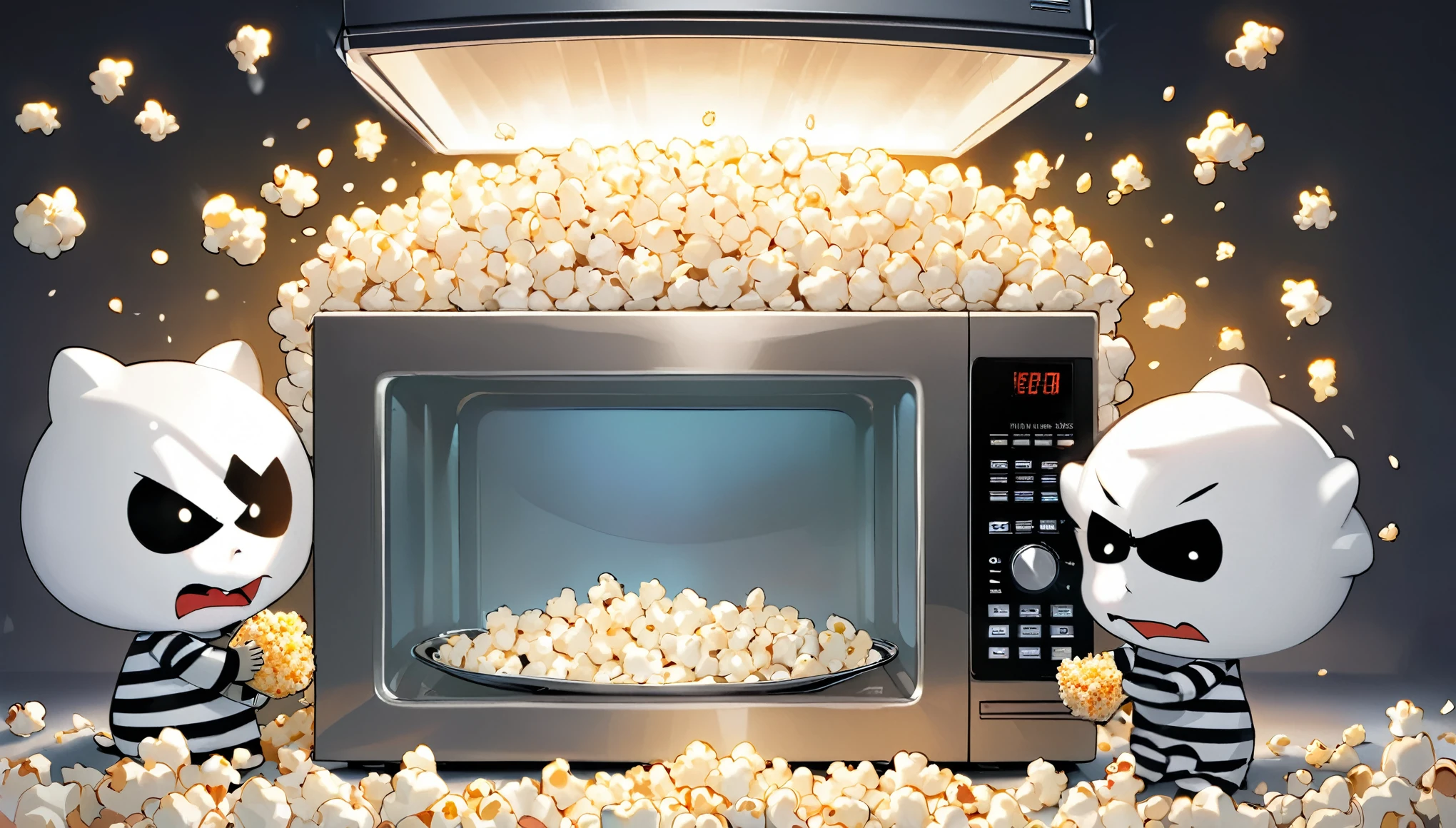 Visualize a lively and humorous scene inside an oversized, cartoon-style microwave that doubles as a high-security popcorn prison. As the microwave timer ticks down, signaling the imminent 'pop', a group of popcorn kernels dressed in classic black-and-white striped prison uniforms are executing a daring escape plan. Each kernel has a comically exaggerated face, displaying expressions of excitement and mischief.
The interior of the microwave is illuminated by a flickering, overhead light that casts long, dramatic shadows, enhancing the theatricality of the escape. Some kernels, having just popped, use their fluffy white forms as parachutes to float towards the slightly ajar microwave door, a result of a previous escape attempt.
This scene captures the hilarity and chaos of a popcorn prison break, turning a simple snack into the protagonists of an animated, slapstick adventure.