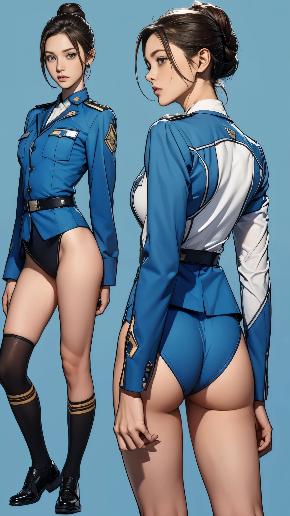 ((masterpiece)),(((highest quality))),((Reference Sheet, Character Design, front, return, ~ ~ side, Mr..々Hairstyle, Mr..々Performance, Facial Expressions)), , Cute type, (Very slim:1.4), (Very small ass:1.4), Realistic buttocks, Medium milk, Short brown hair,Thin thighs, Long legs, It's not a big deal,(A female Earth Federation officer is walking), (Wearing Earth Federation military uniform, White and light blue military uniform),(Worn by federal government employees'White Hat:1.5)
