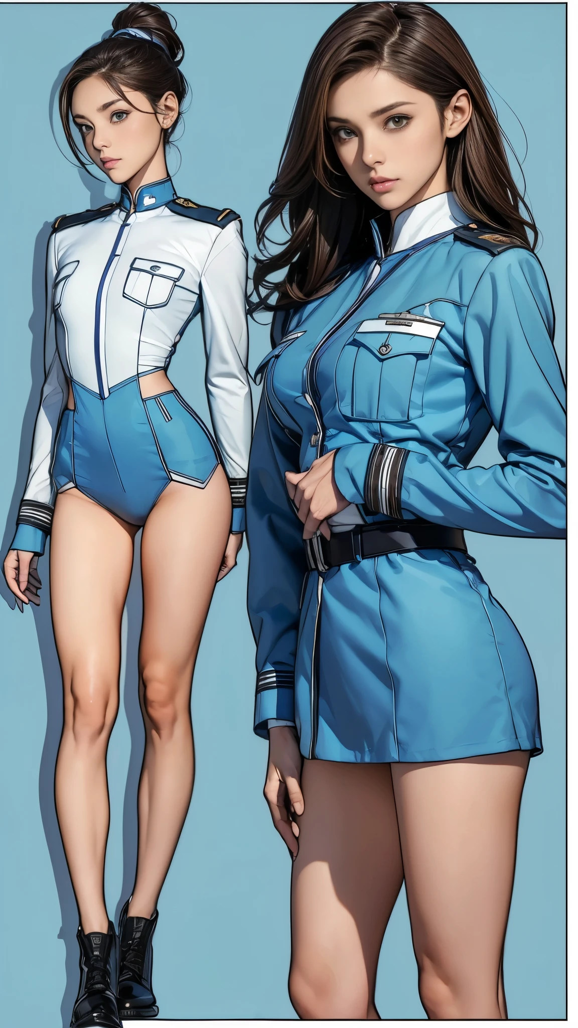 ((masterpiece)),(((highest quality))),((Reference Sheet, Character Design, front, return, ~ ~ side, Mr..々Hairstyle, Mr..々Performance, Facial Expressions)), 14-year-old girl, Cute type, (Very slim:1.4), (Very small ass:1.4), Realistic buttocks, Medium milk, Short brown hair,Thin thighs, Long legs, It's not a big deal,(A female Earth Federation officer is walking), (Wearing Earth Federation military uniform, White and light blue military uniform),(Worn by federal government employees'White Hat:1.5)