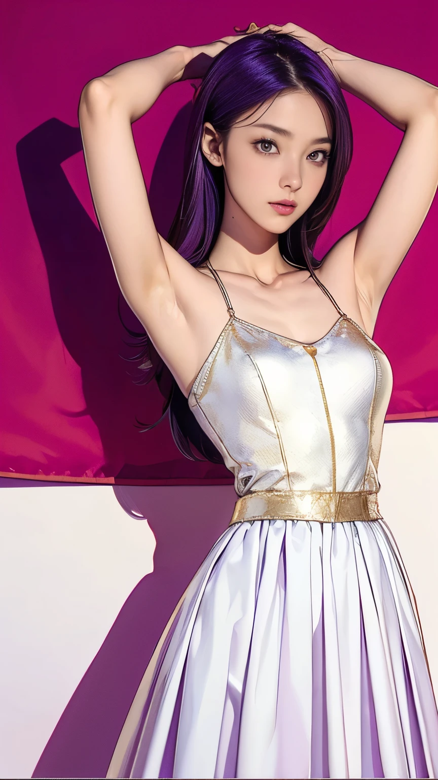 Please show me your armpits,masterpiece, best quality,Sasha, Purple Hair, long hair, Red Eyes, White Dress, collar, long skirt ,Sleeveless, Bare shoulders, , clavicle, gold accessories, Corset, 1 girl, perfect asian goddess、Lawless ticking facial features,wonderful,Solitary, looking at the audience,(whole body:1.4),Supreme Beauty,stately, ((15 year old girl, Slim, Thin waist, Thin thighs, Thin arms)), ((raise your arms, Please show me your armpits))